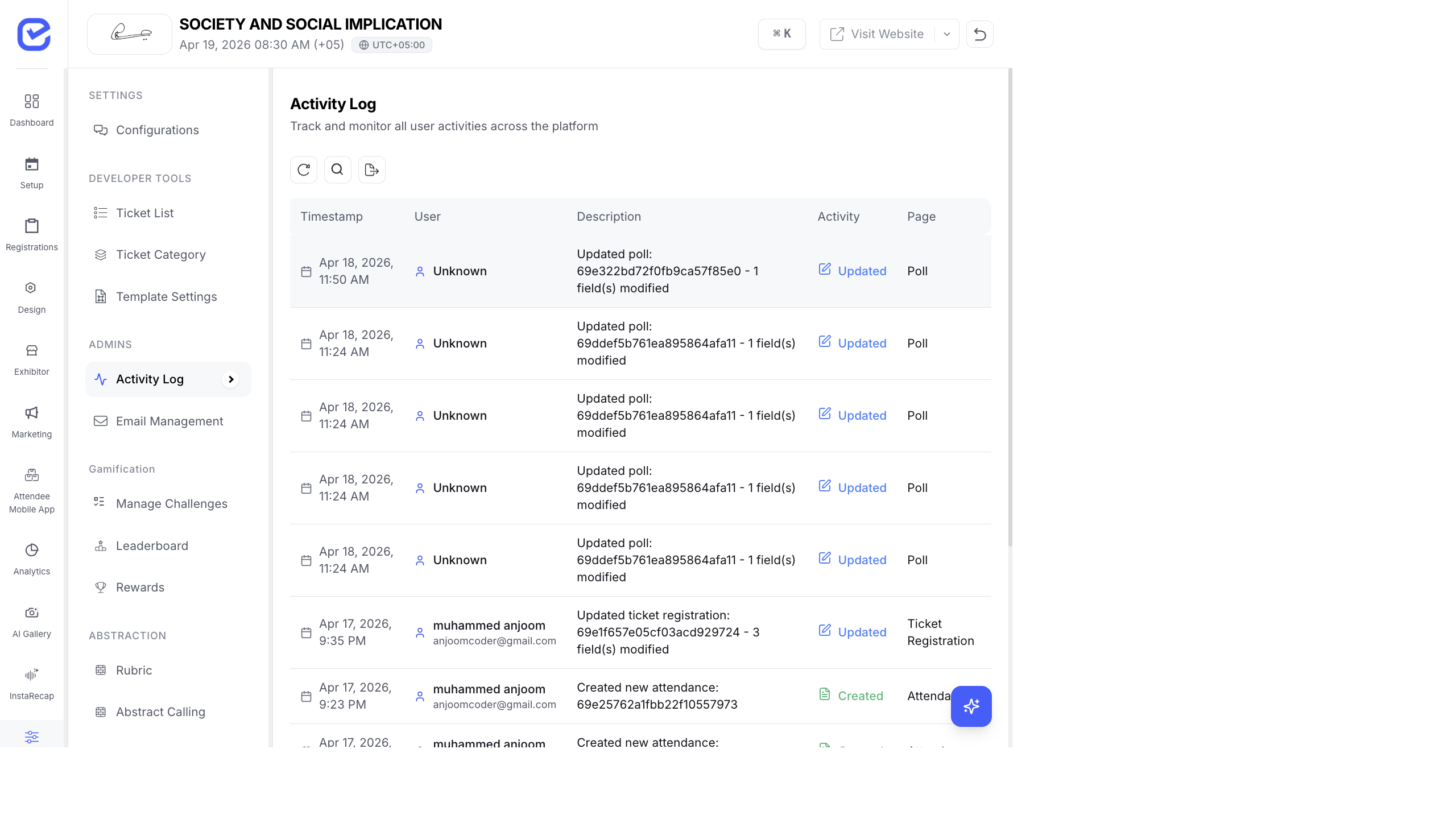 Activity log list showing user actions, timestamps, and change details with filtering options