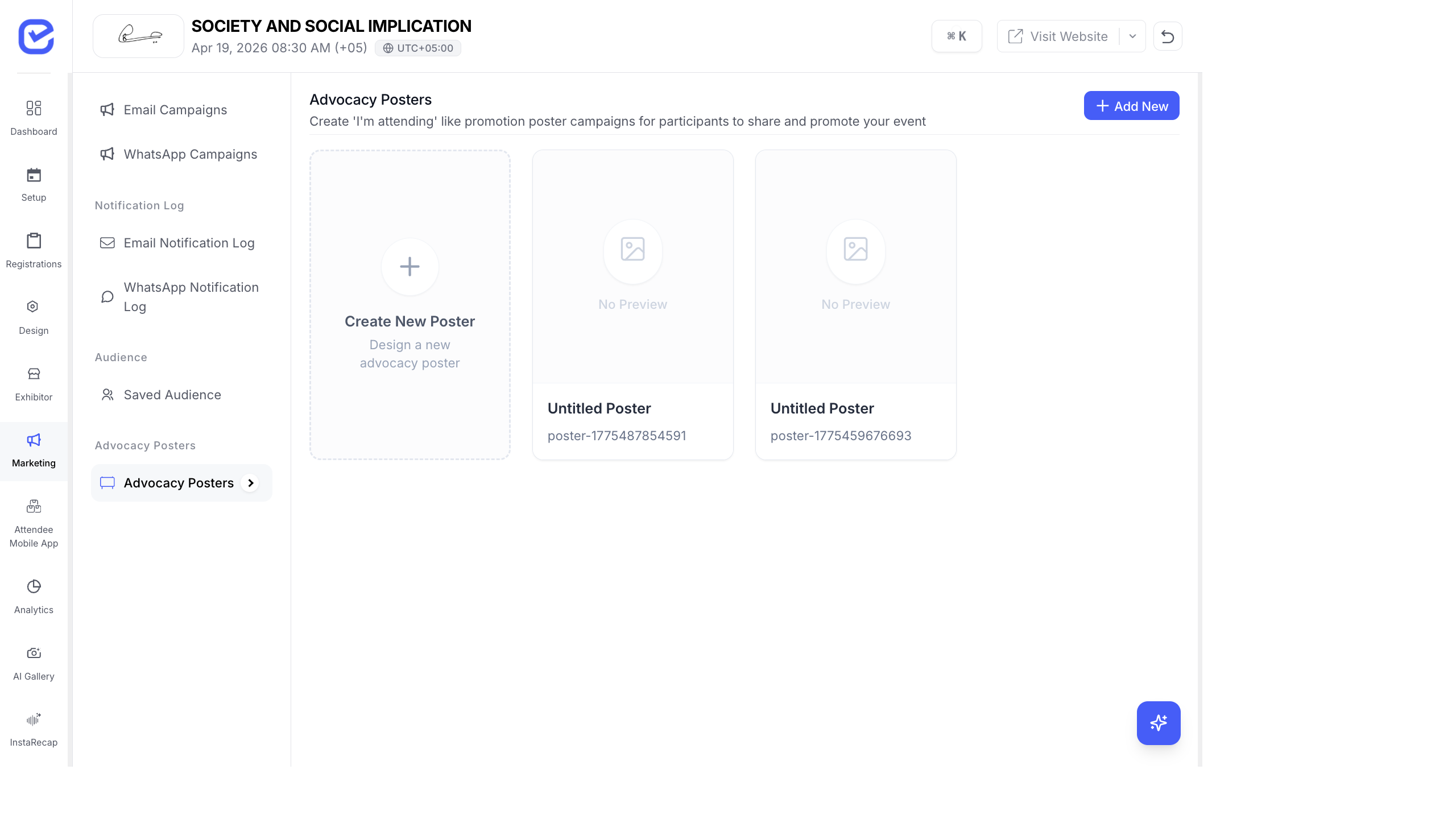 Advocacy poster management with Create New Poster option and existing poster templates