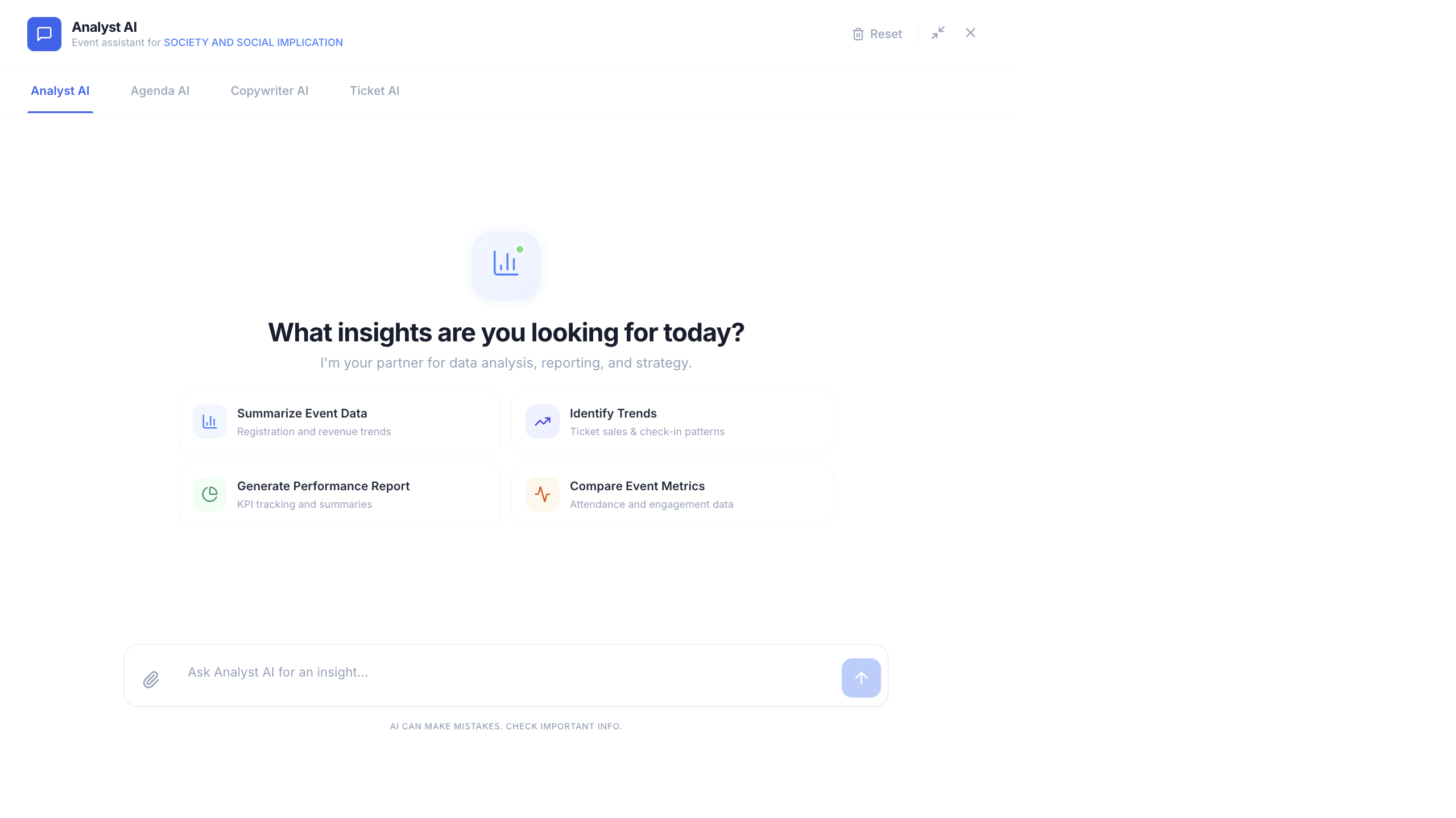 AI Copilot chat interface with analytics insights, chart responses, and quick action prompts