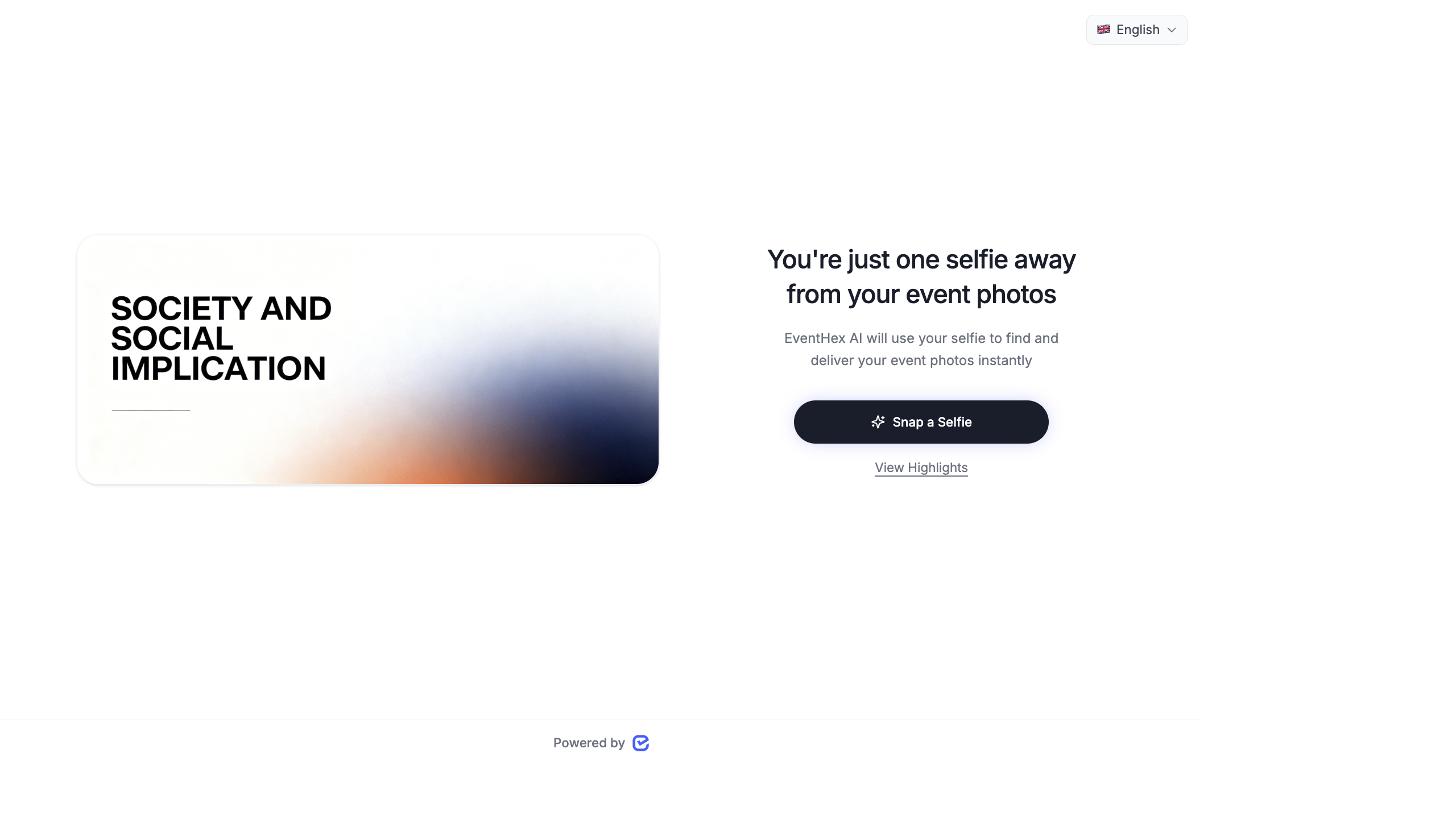 AI Gallery landing page showing 'You're just one selfie away from your event photos' with Snap a Selfie button
