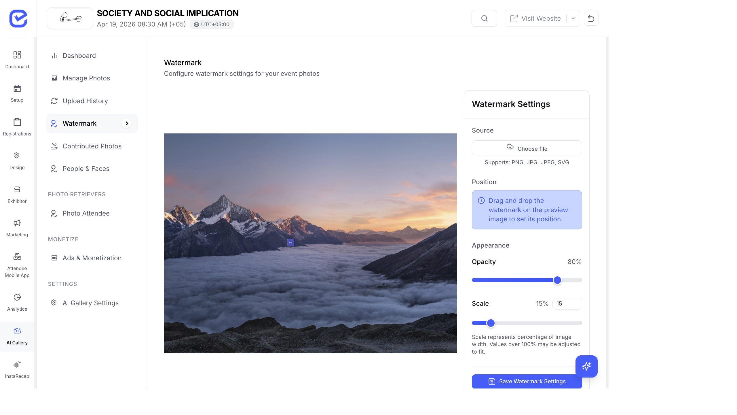 Watermark configuration with image preview, position drag-and-drop, opacity and scale sliders