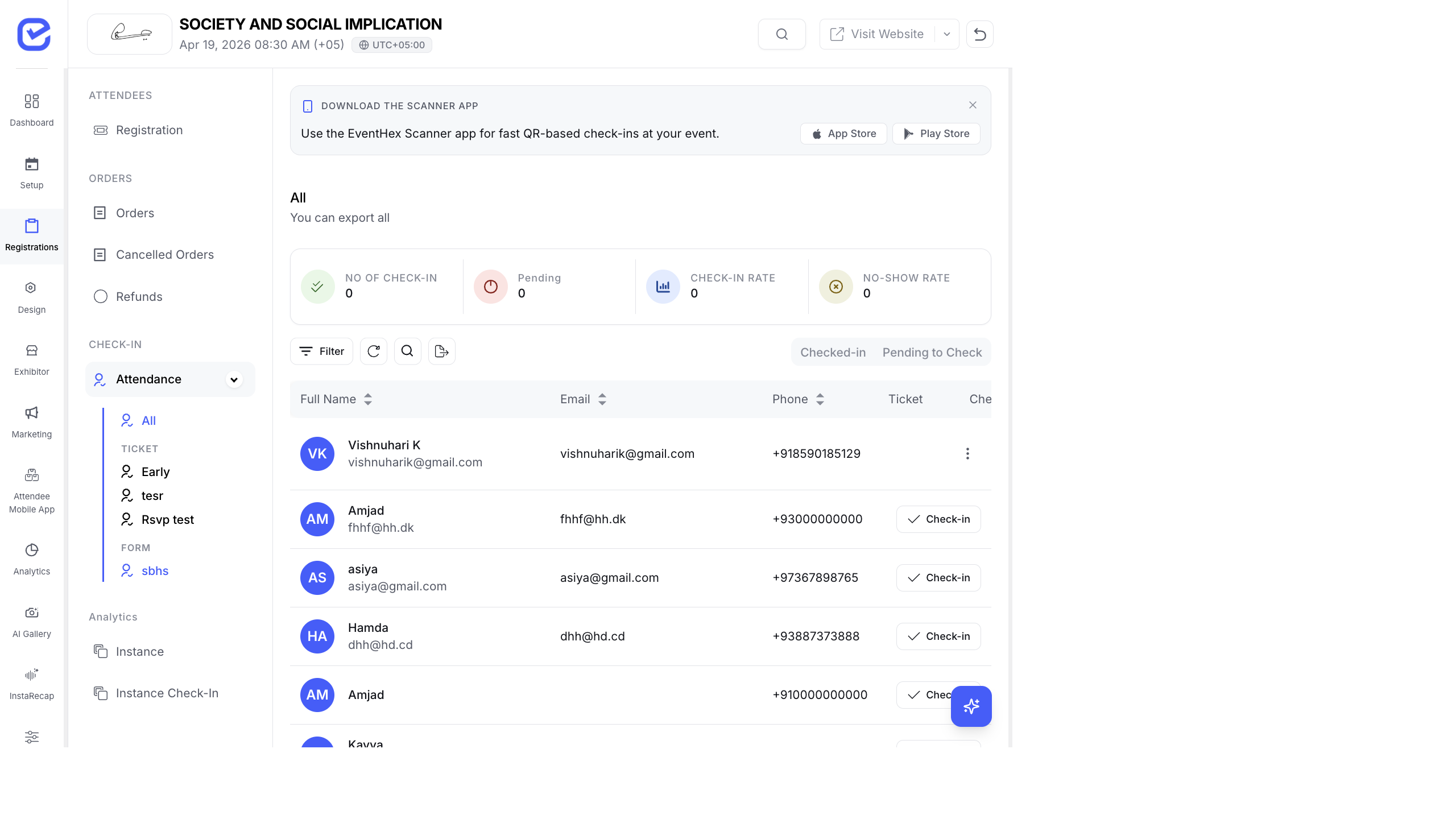 Check-in page showing attendance analytics with KPIs for total check-ins, pending, check-in rate, and no-show rate, plus a list of attendees with check-in status