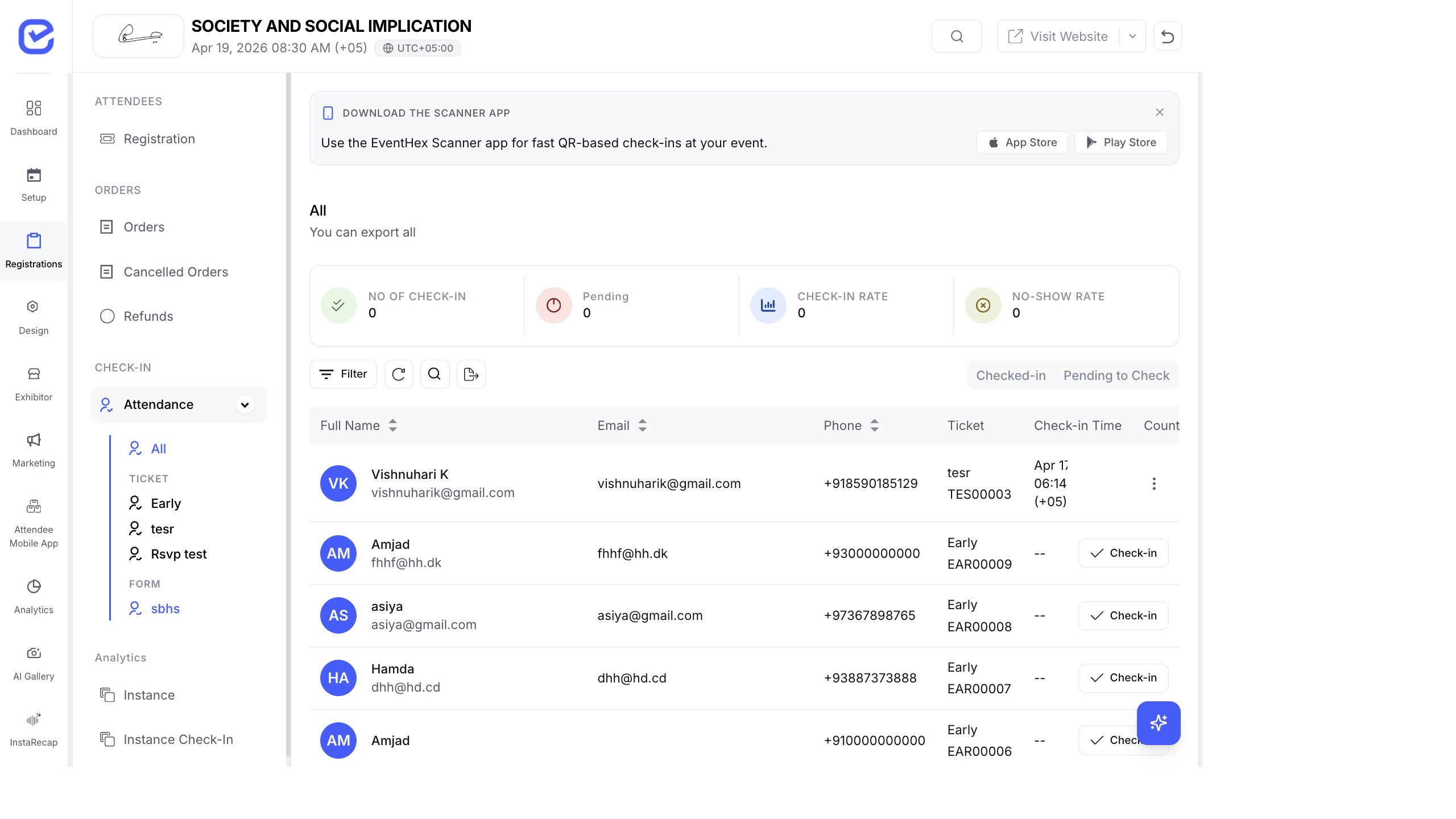 Attendance dashboard with check-in status, scanner app download, and manual check-in buttons