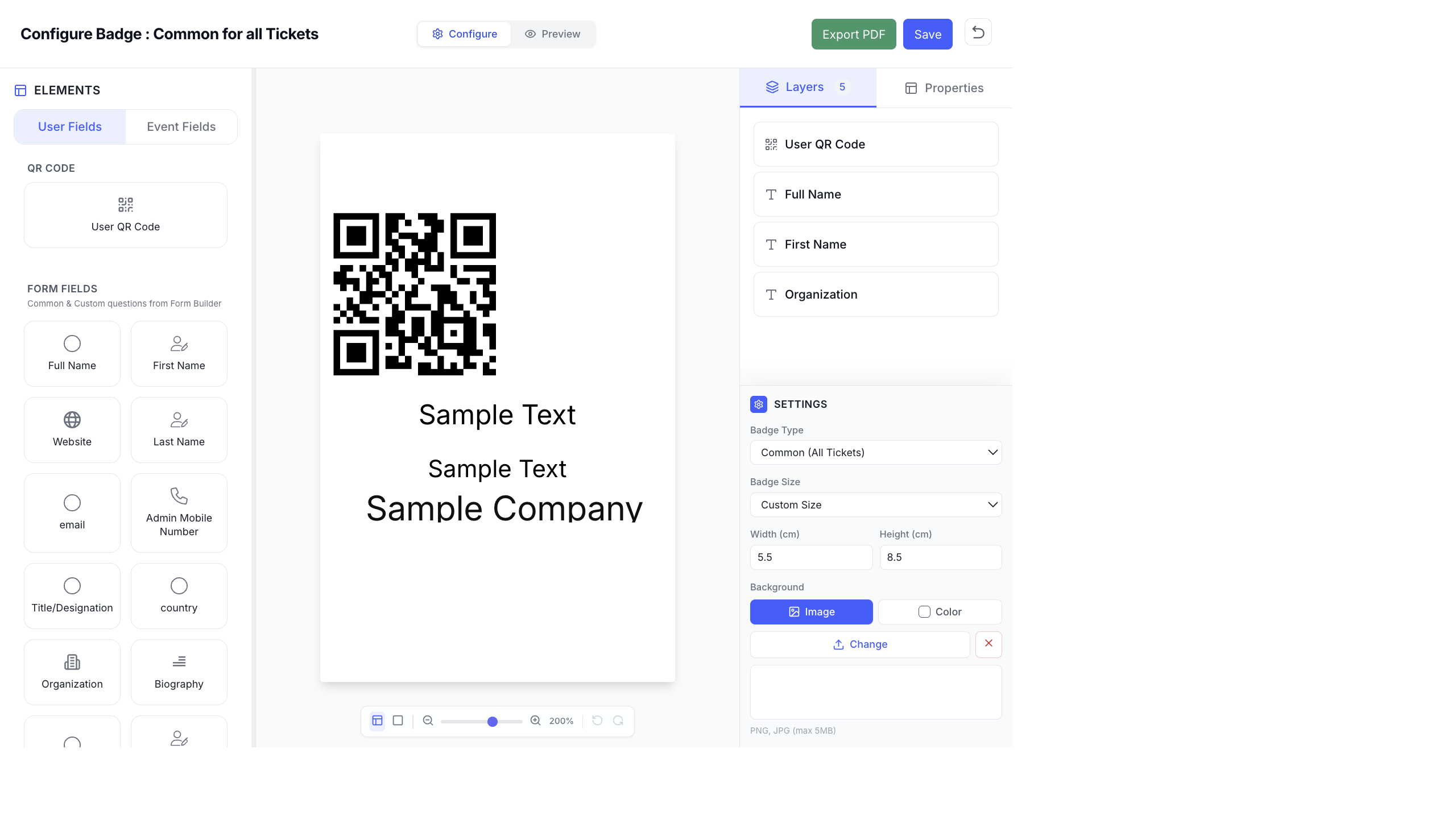 Badge Designer showing three panels — left panel with draggable elements (QR Code, Full Name, First Name, Website, etc.), center canvas with a badge preview showing QR code and sample text fields, and right panel with Layers list and Settings including Badge Type, Size, and Background