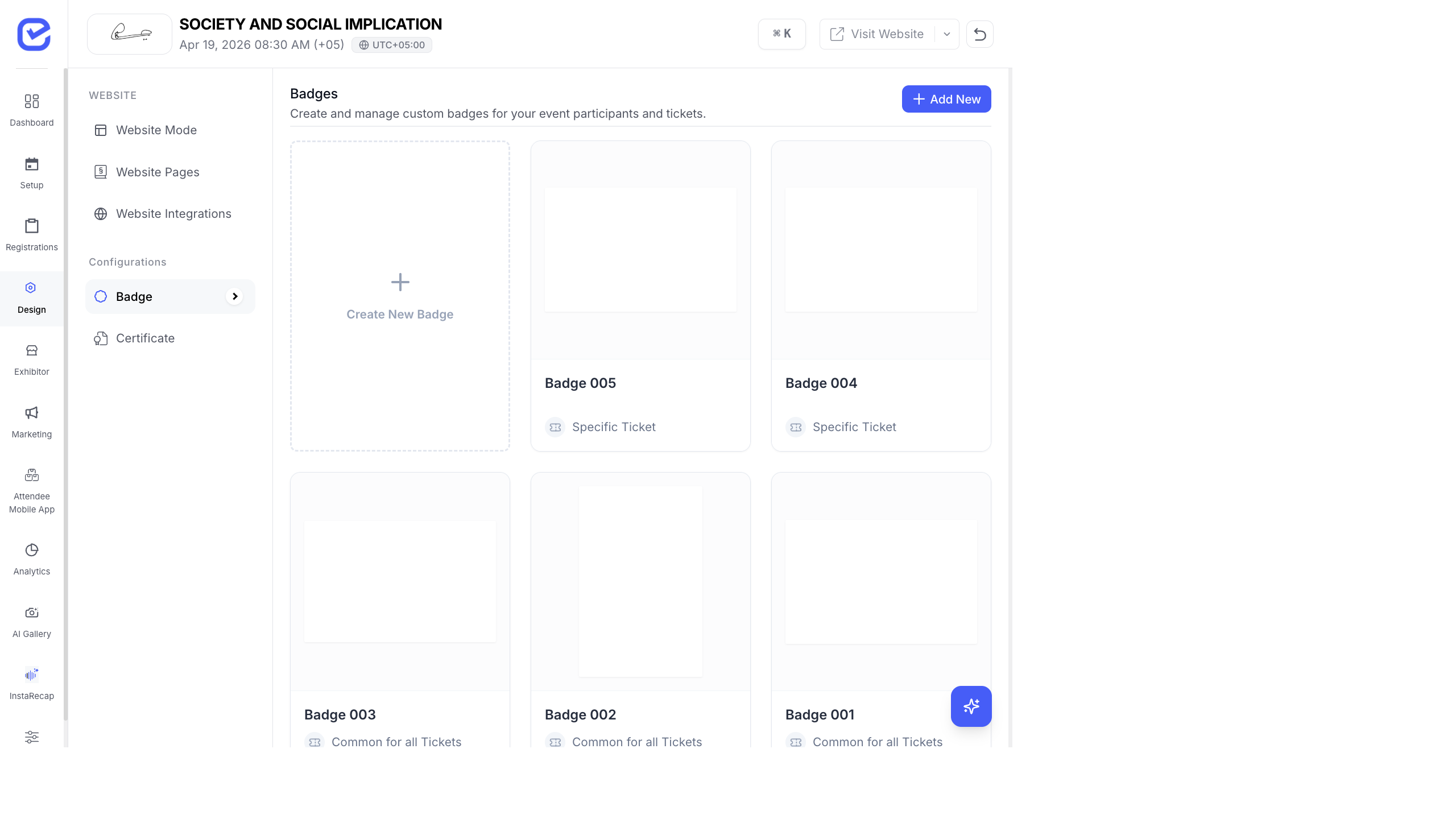 Badge management page showing a grid of badge designs with Create New Badge button, plus existing badges like Badge 005, Badge 004, etc. with types showing Specific Ticket or Common for all Tickets