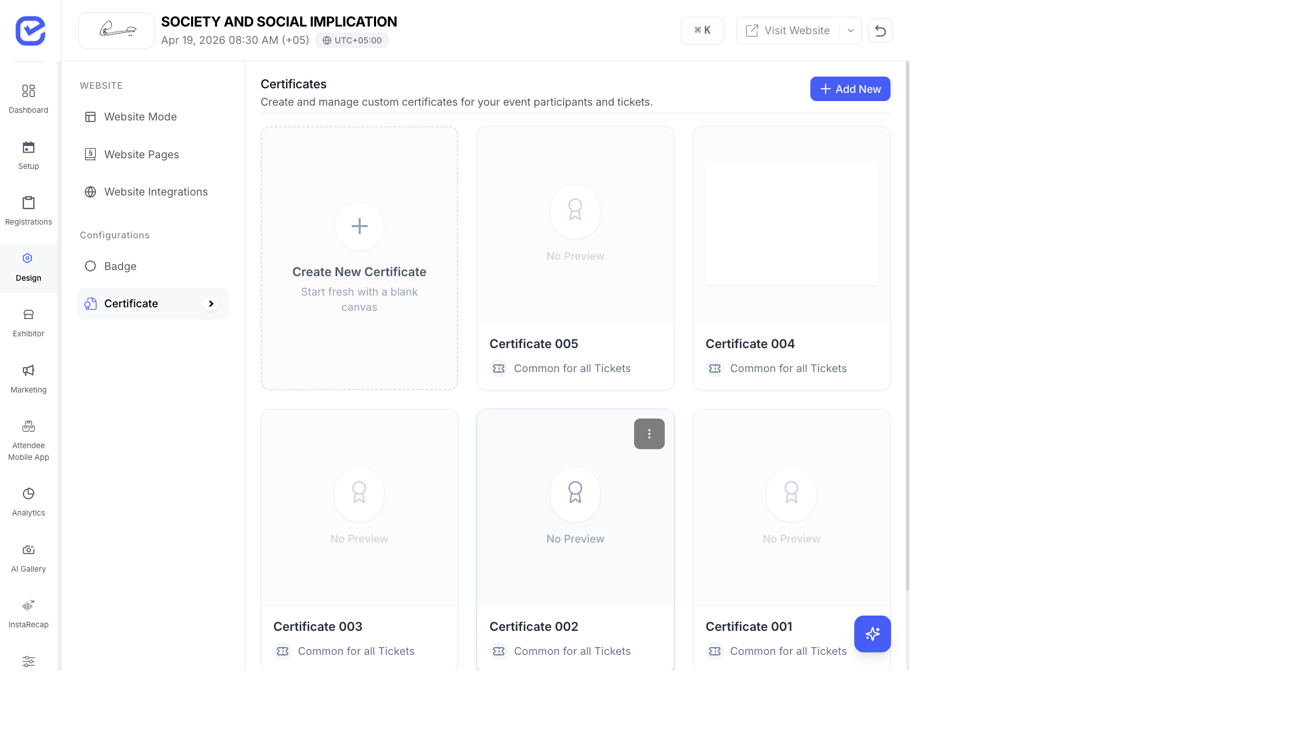 Certificate management page showing issued certificates with download and share options