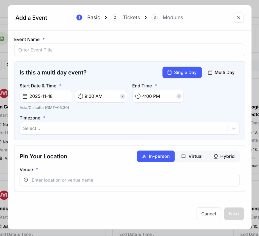 Events dashboard with Create Event button