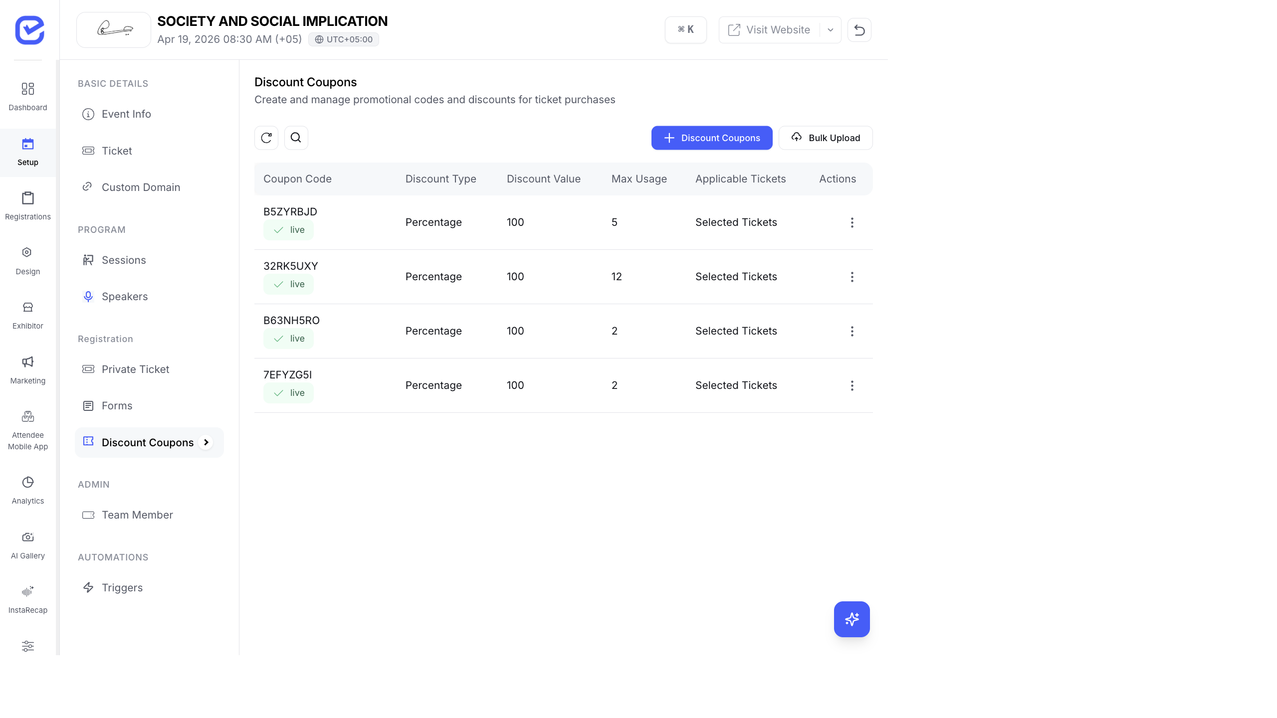 Discount Coupons page showing a list of coupon codes with type, value, max usage, and applicable tickets