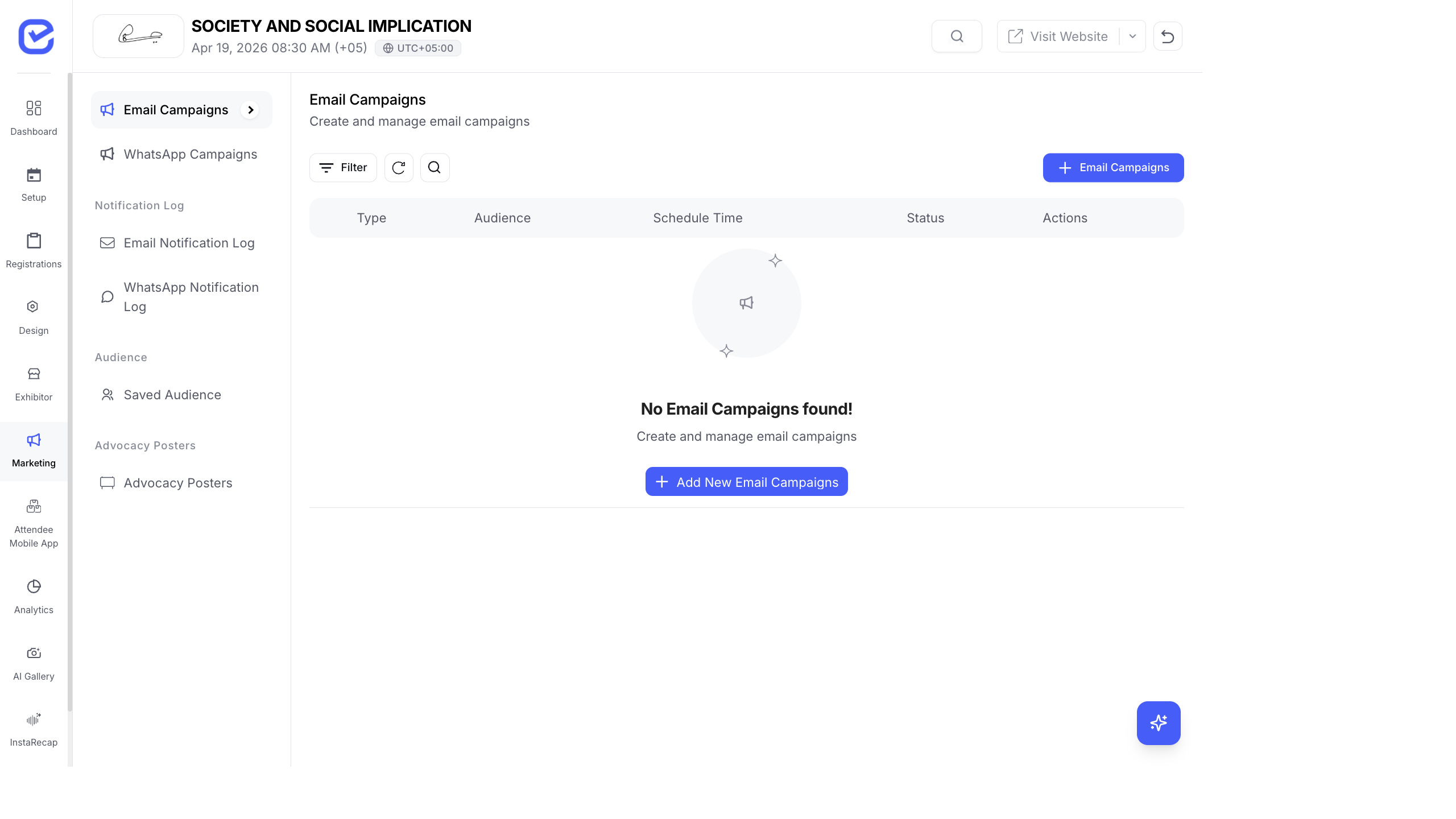 Email campaigns management page with campaign list, filter, and create options