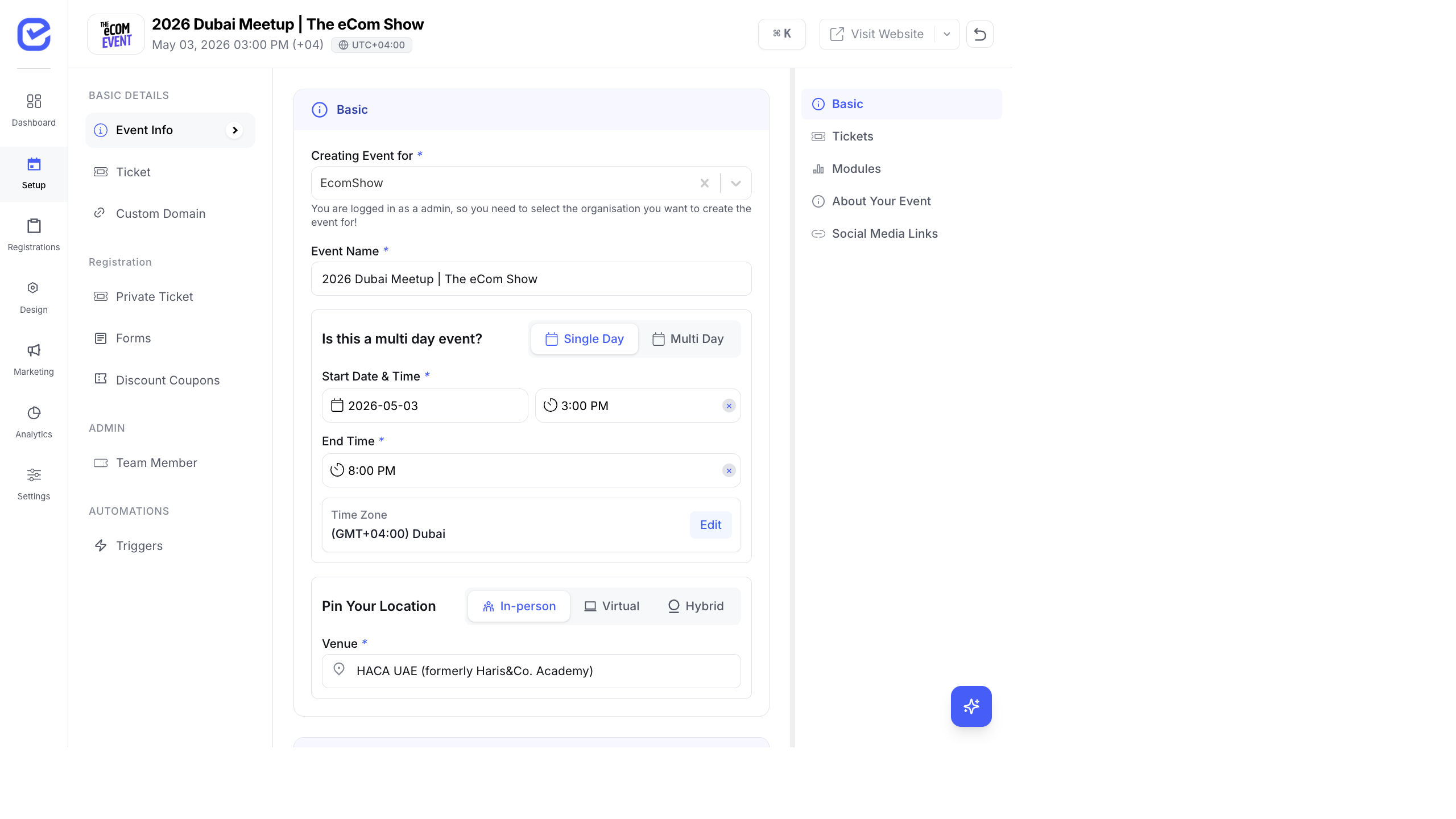 Event setup page showing editable fields for event name, dates, and location