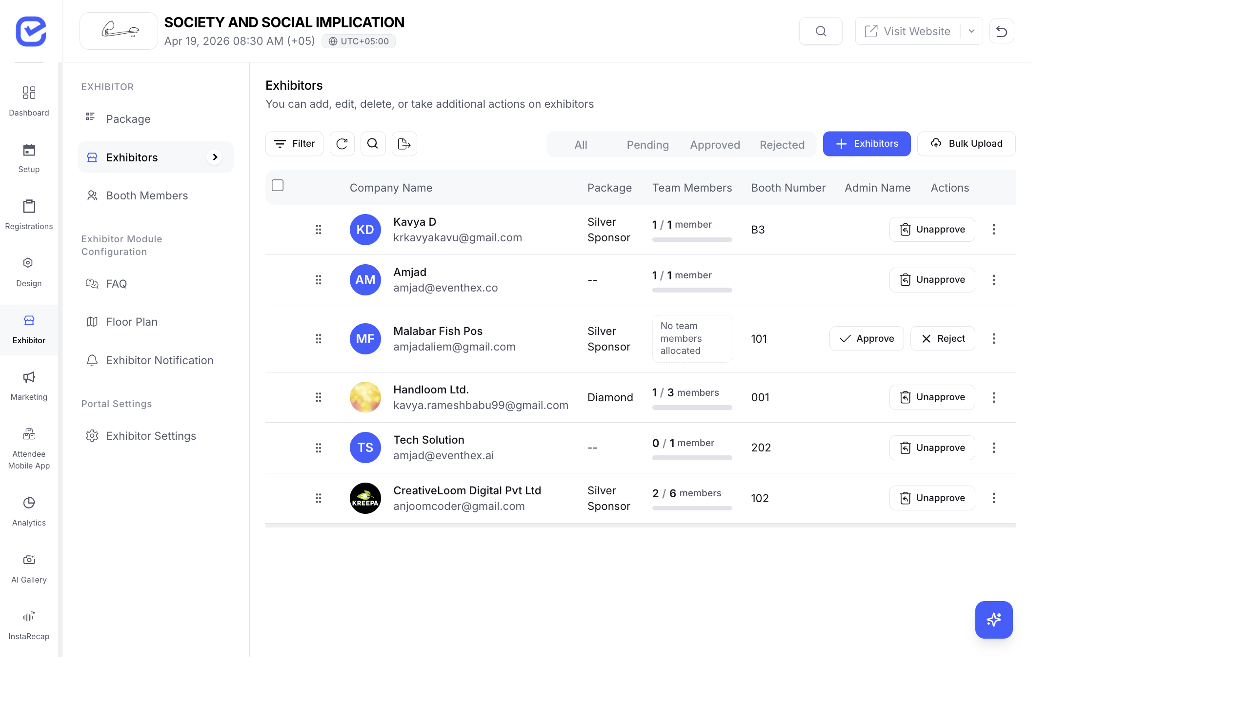 Exhibitor management showing booth members and team allocation for lead capture setup