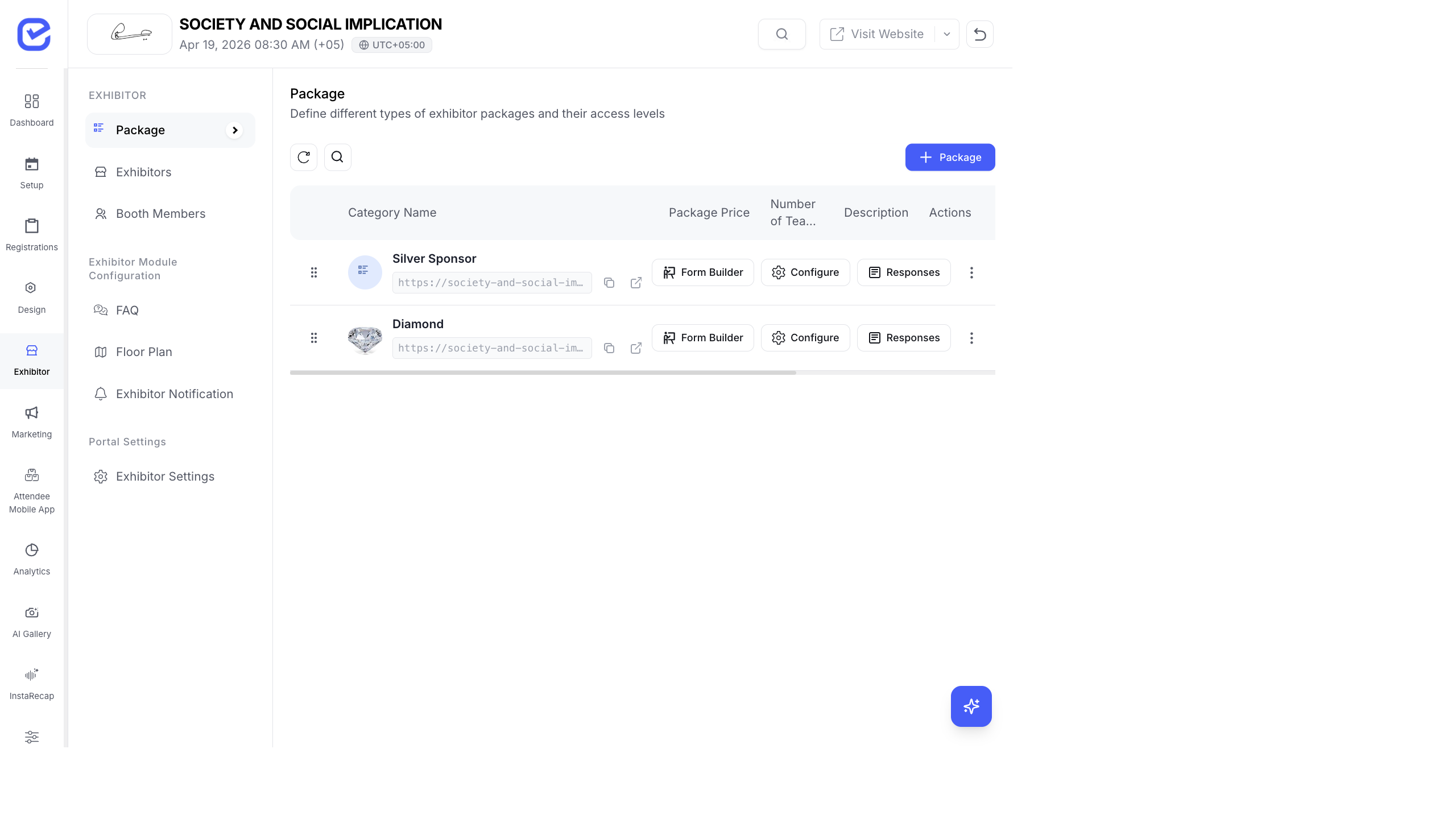 Exhibitor Packages page showing a table of packages with columns for Title, Price, Status, Passes, and Lead Capture toggle