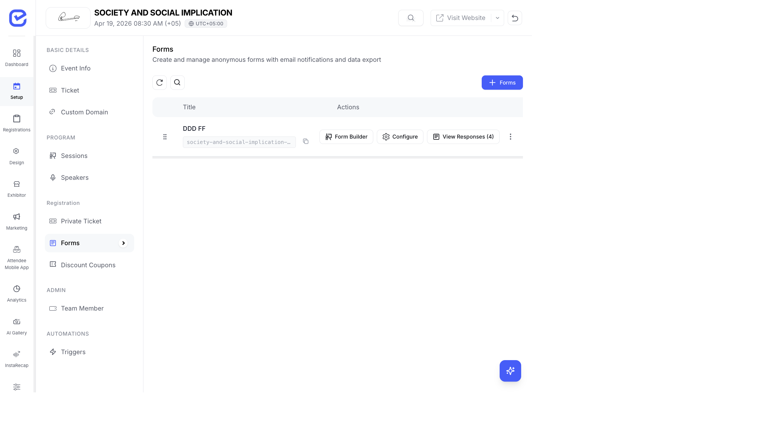 Standalone Forms list with Form Builder, Configure, and View Responses buttons
