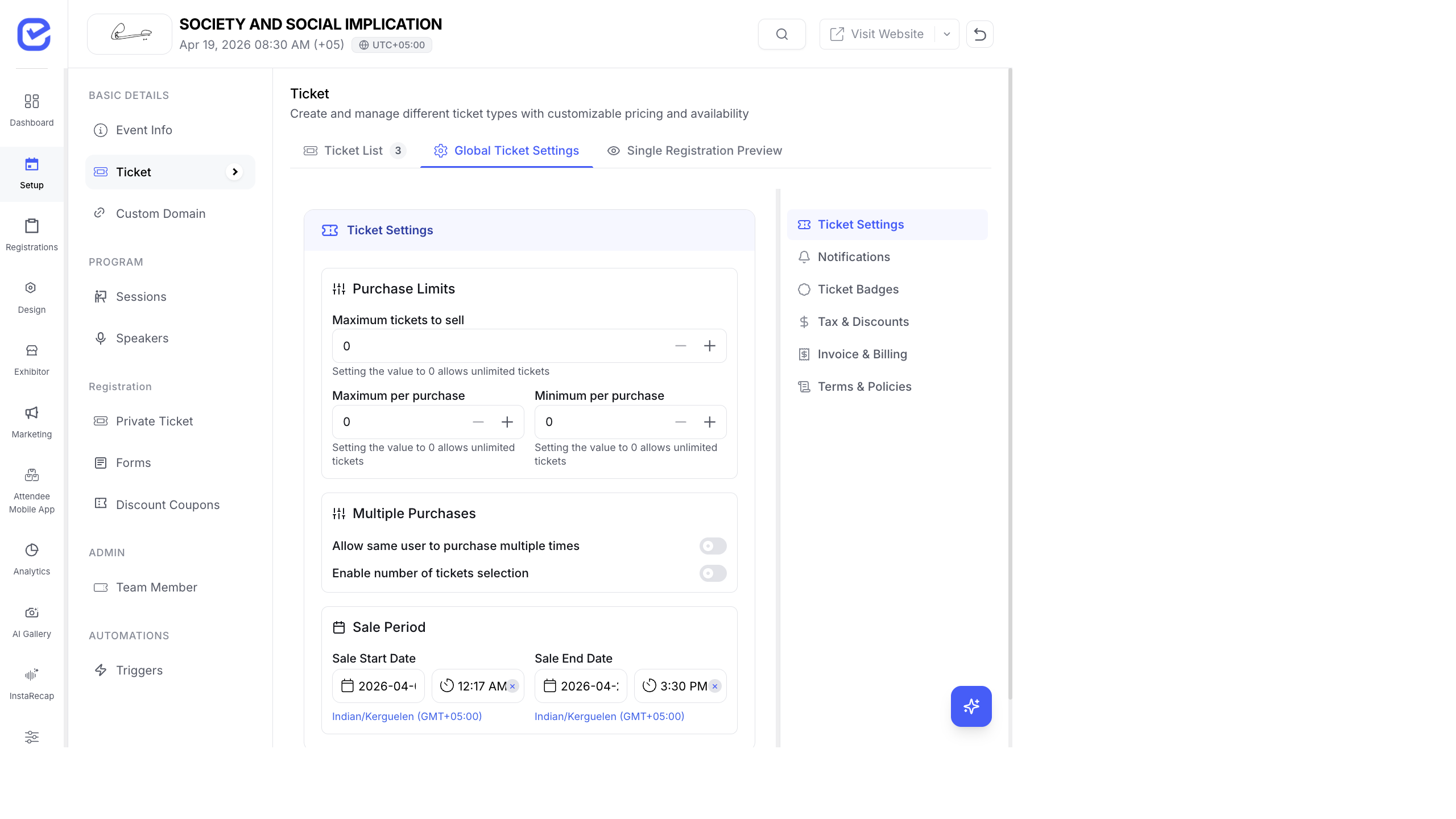Global Ticket Settings showing Purchase Limits and Multiple Purchases sections