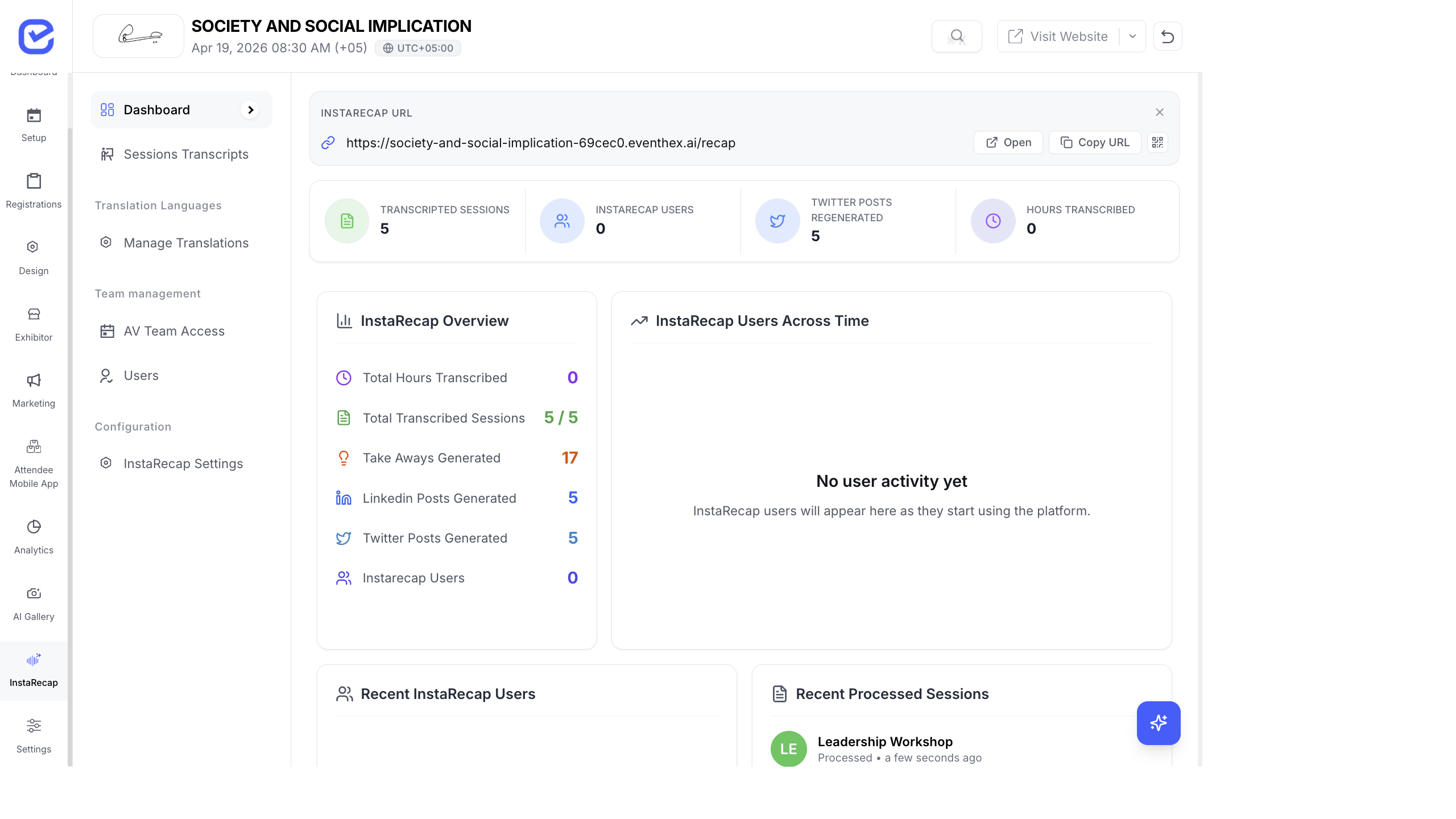 InstaRecap CMS dashboard showing transcription stats, social post generation counts, and session processing status