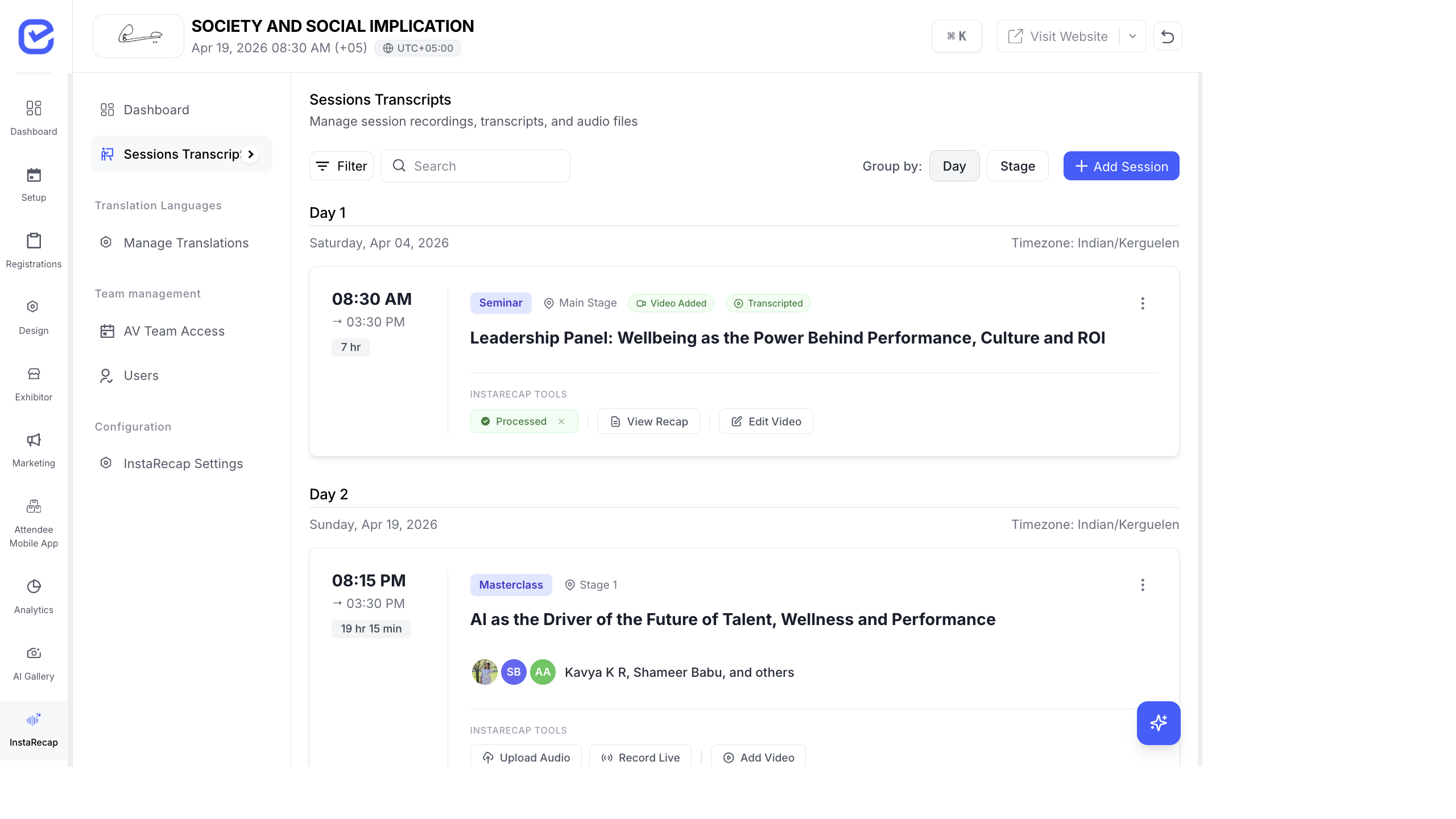 InstaRecap Sessions Transcripts page with audio upload, record live, and transcription processing tools