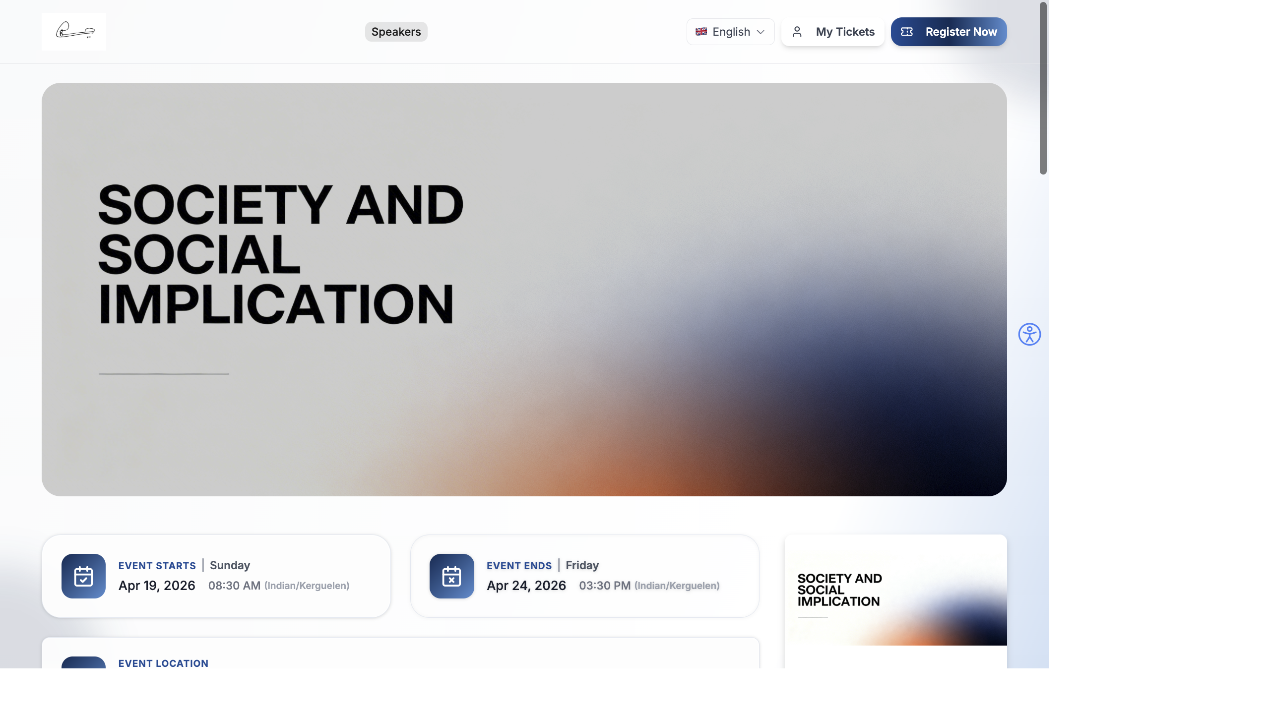 Event website header with navigation links, language switcher, My Tickets, and Register Now button
