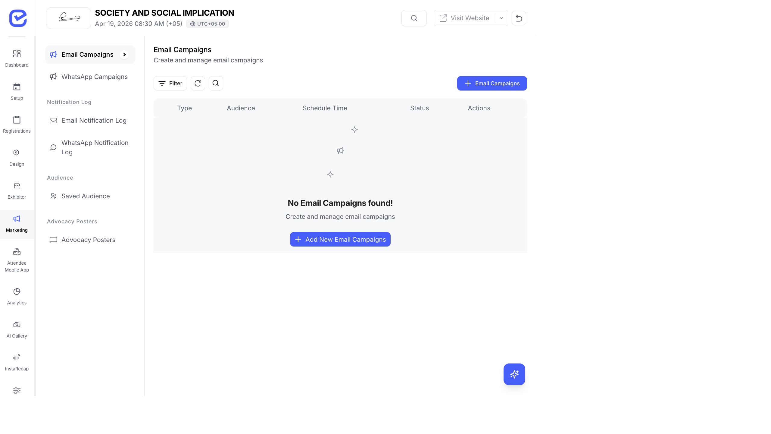 Marketing Campaigns page showing a list of campaigns with columns for name, channel, audience, status, and delivery stats
