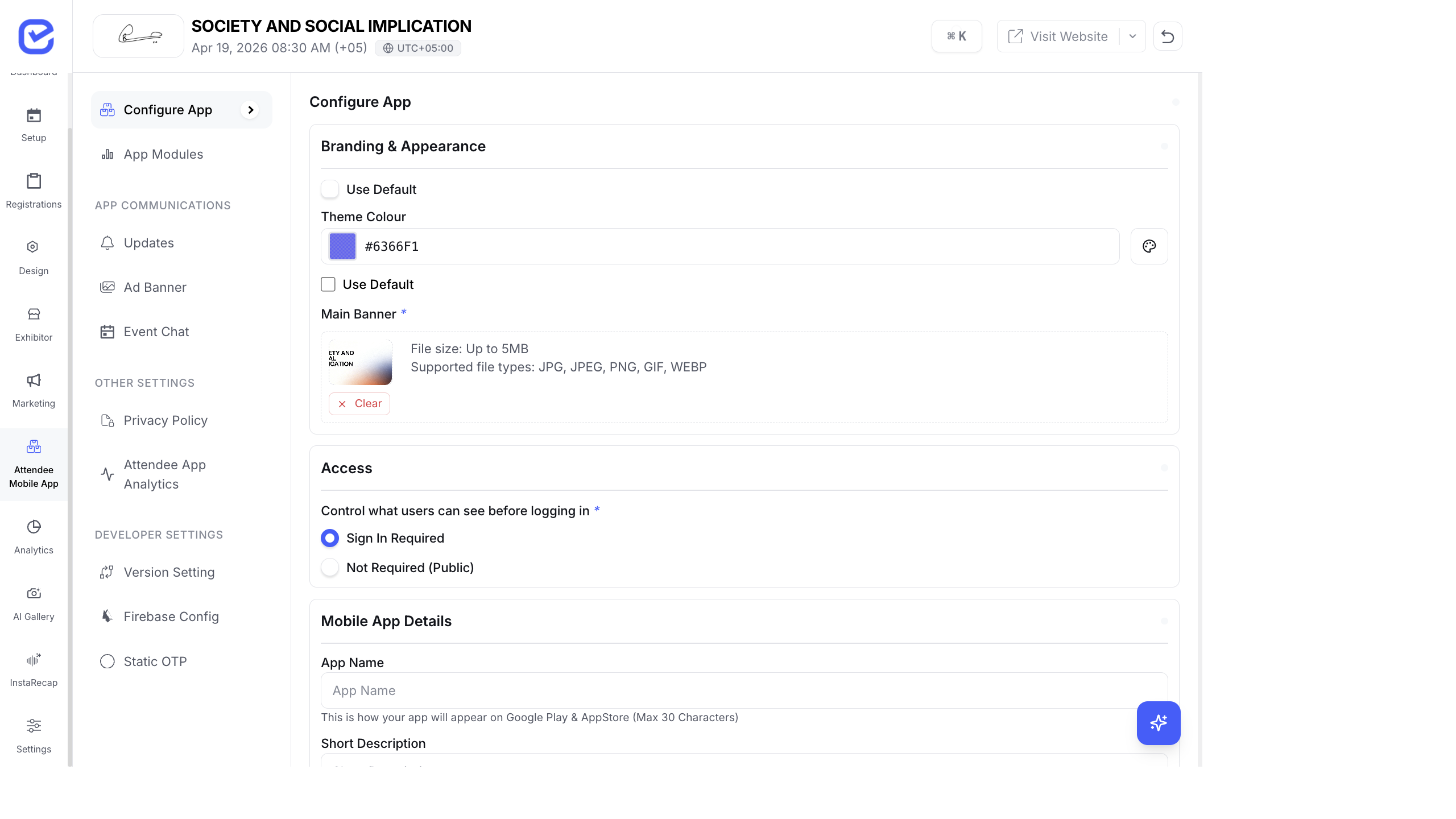 Mobile app branding configuration with theme color, banner image, and appearance settings