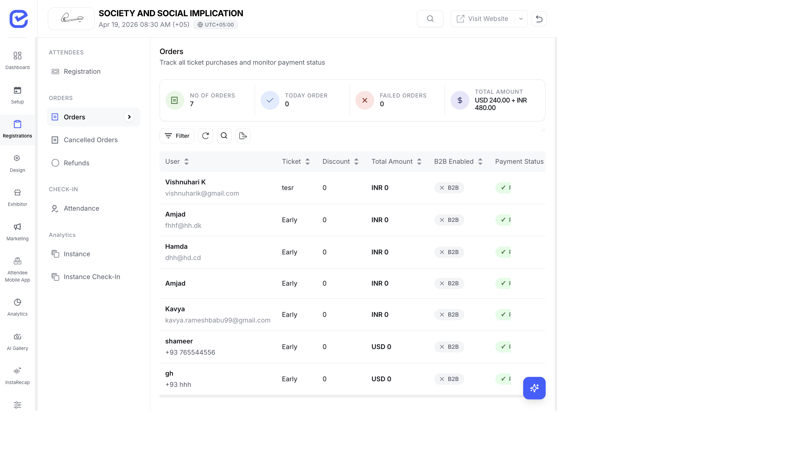 Orders page showing order list with user, ticket, discount, total amount, B2B status, and payment status columns