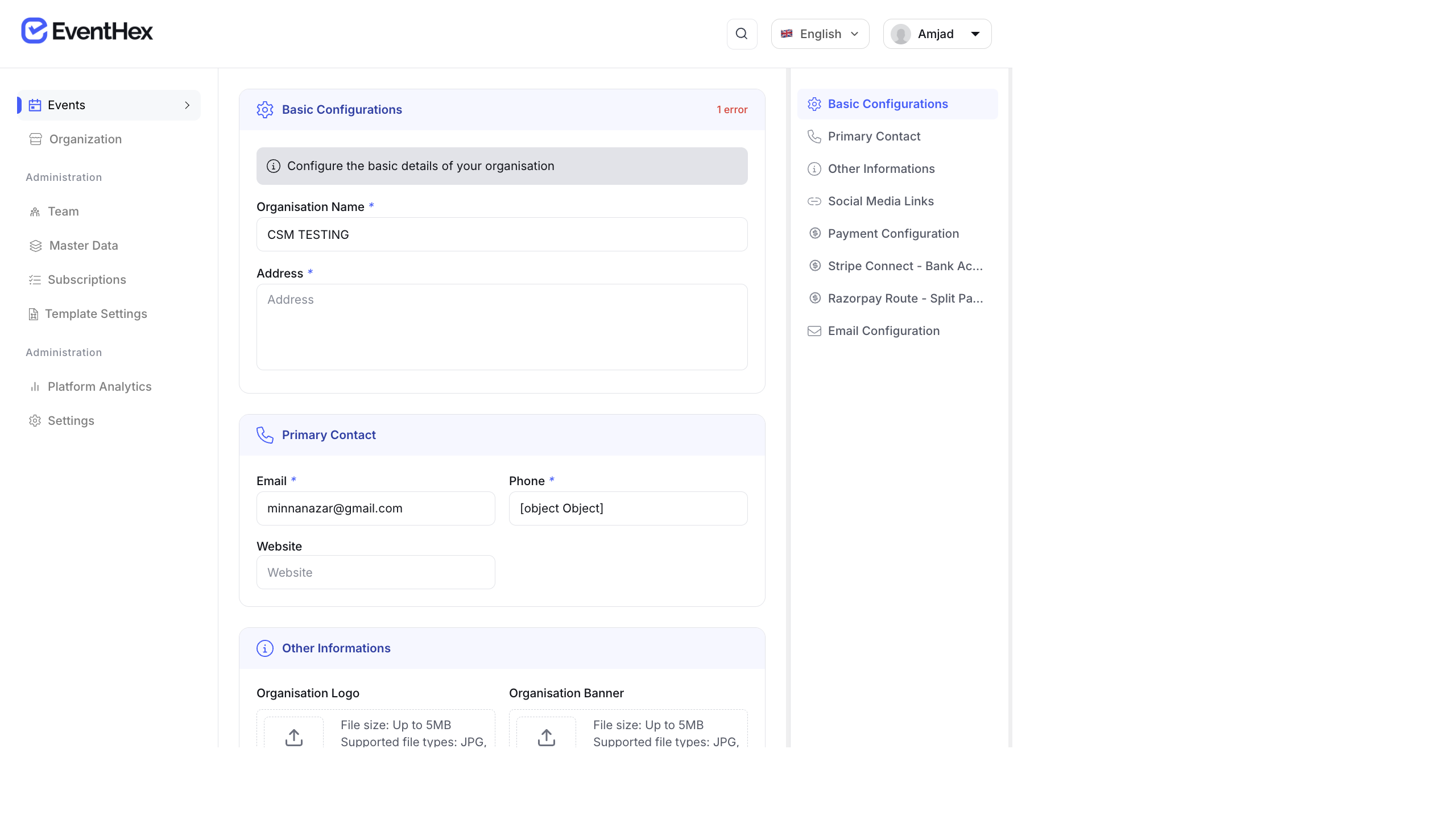 Organization settings page showing basic configuration and contact details