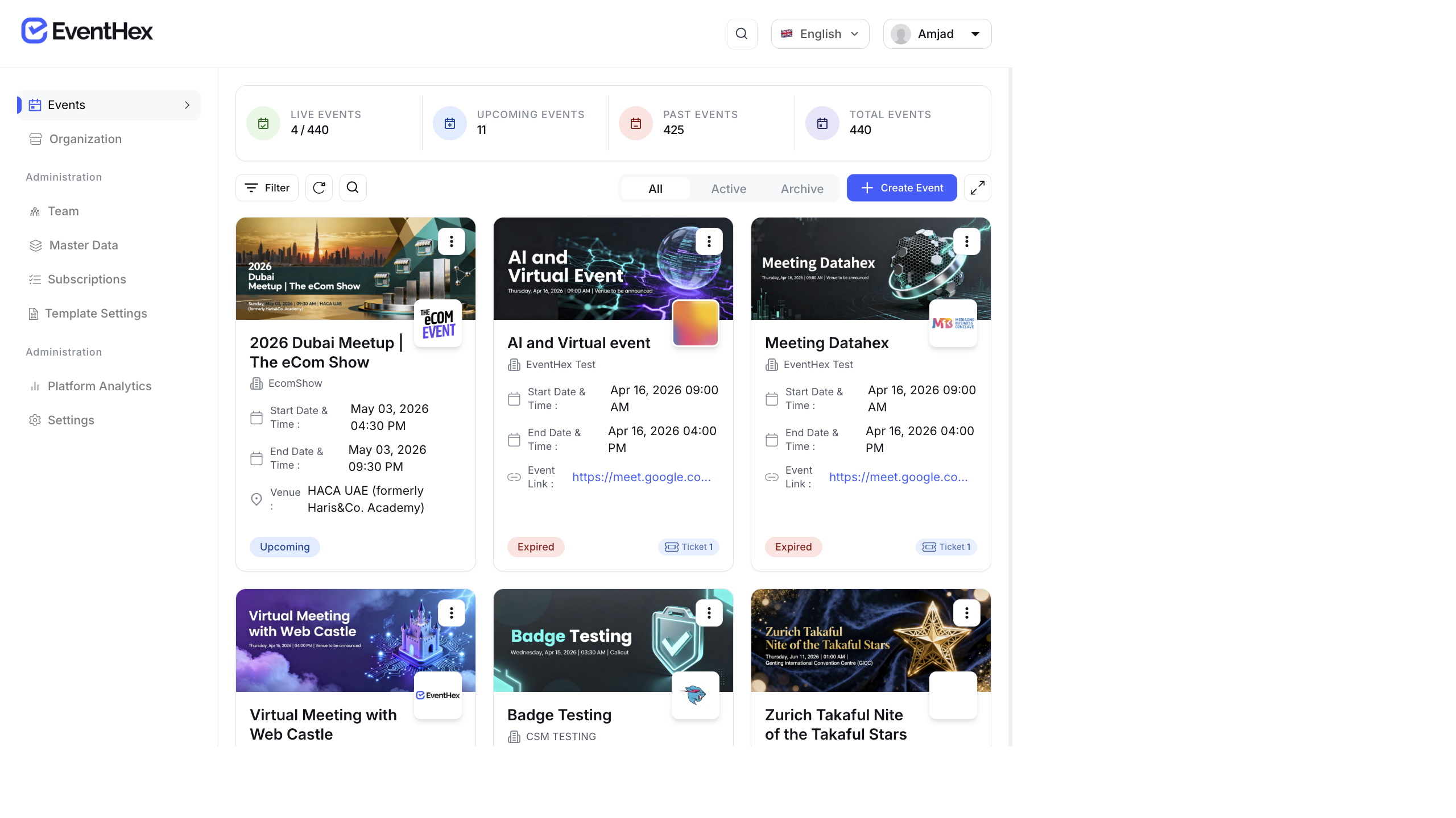EventHex portal dashboard showing event cards and navigation