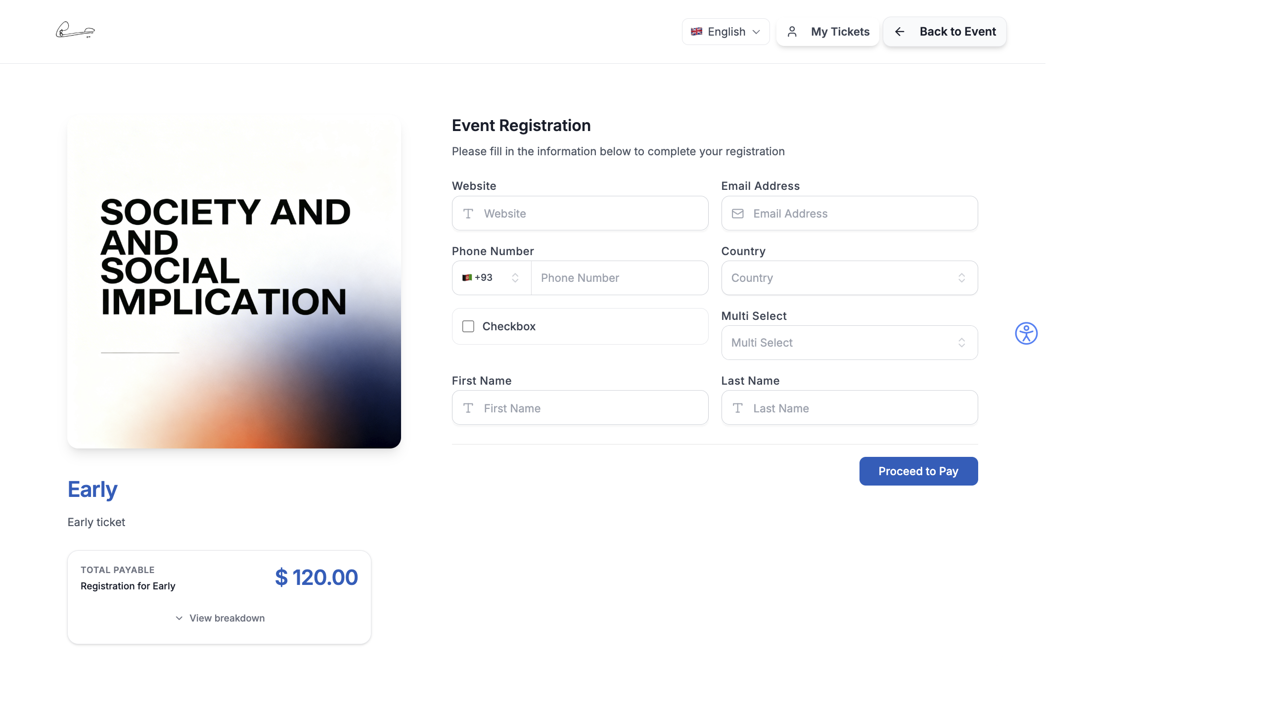 Registration form with custom fields including text, email, phone, dropdown, checkbox, and multi-select