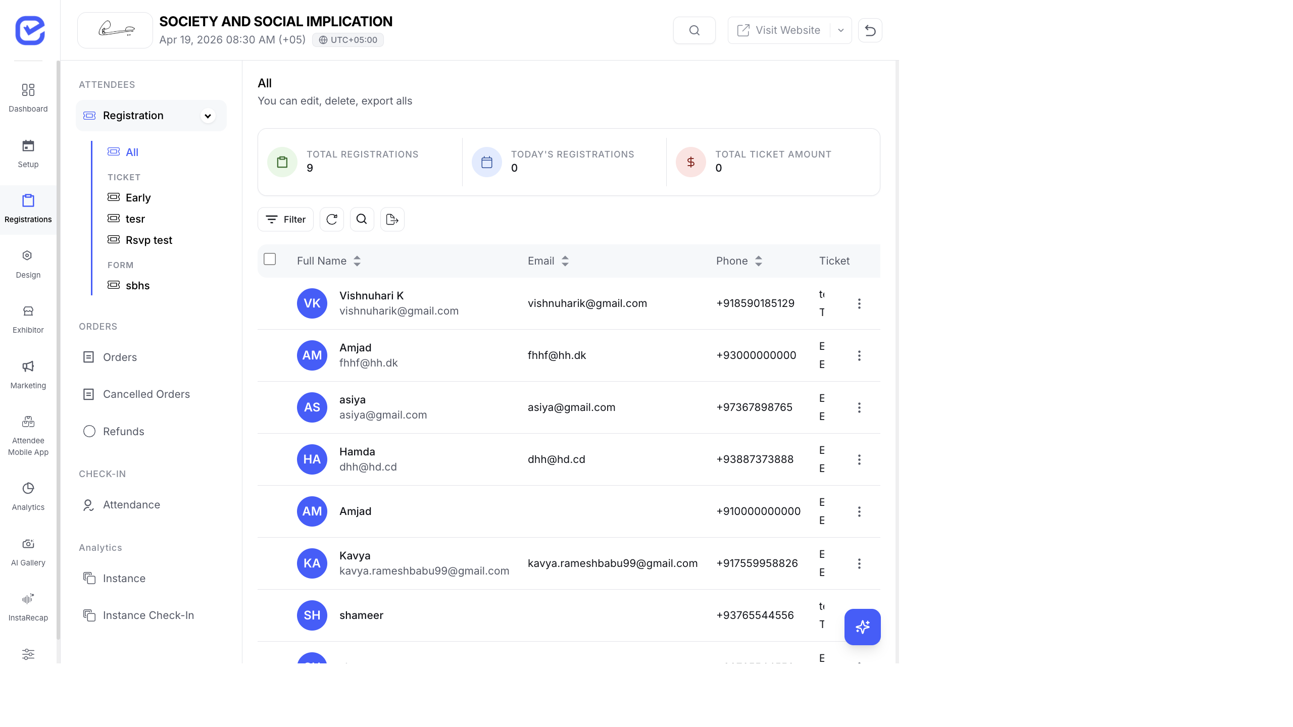 Registrations page showing all attendees with name, email, phone, and ticket type columns