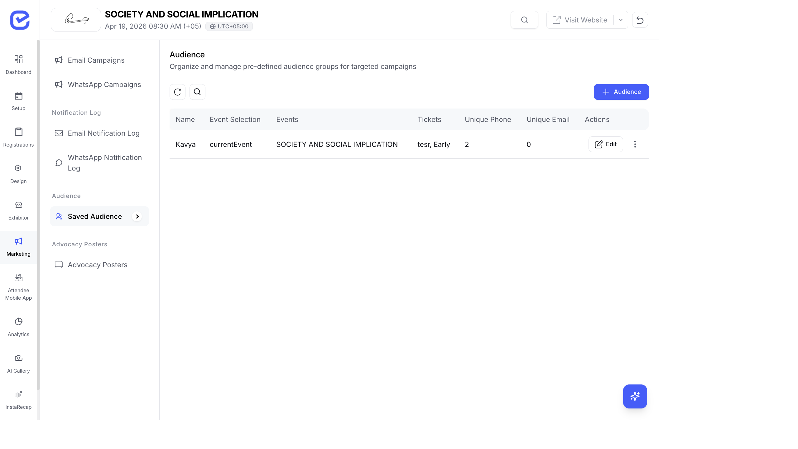 Saved audience management showing audience segments with event selection, ticket filters, and unique contact counts