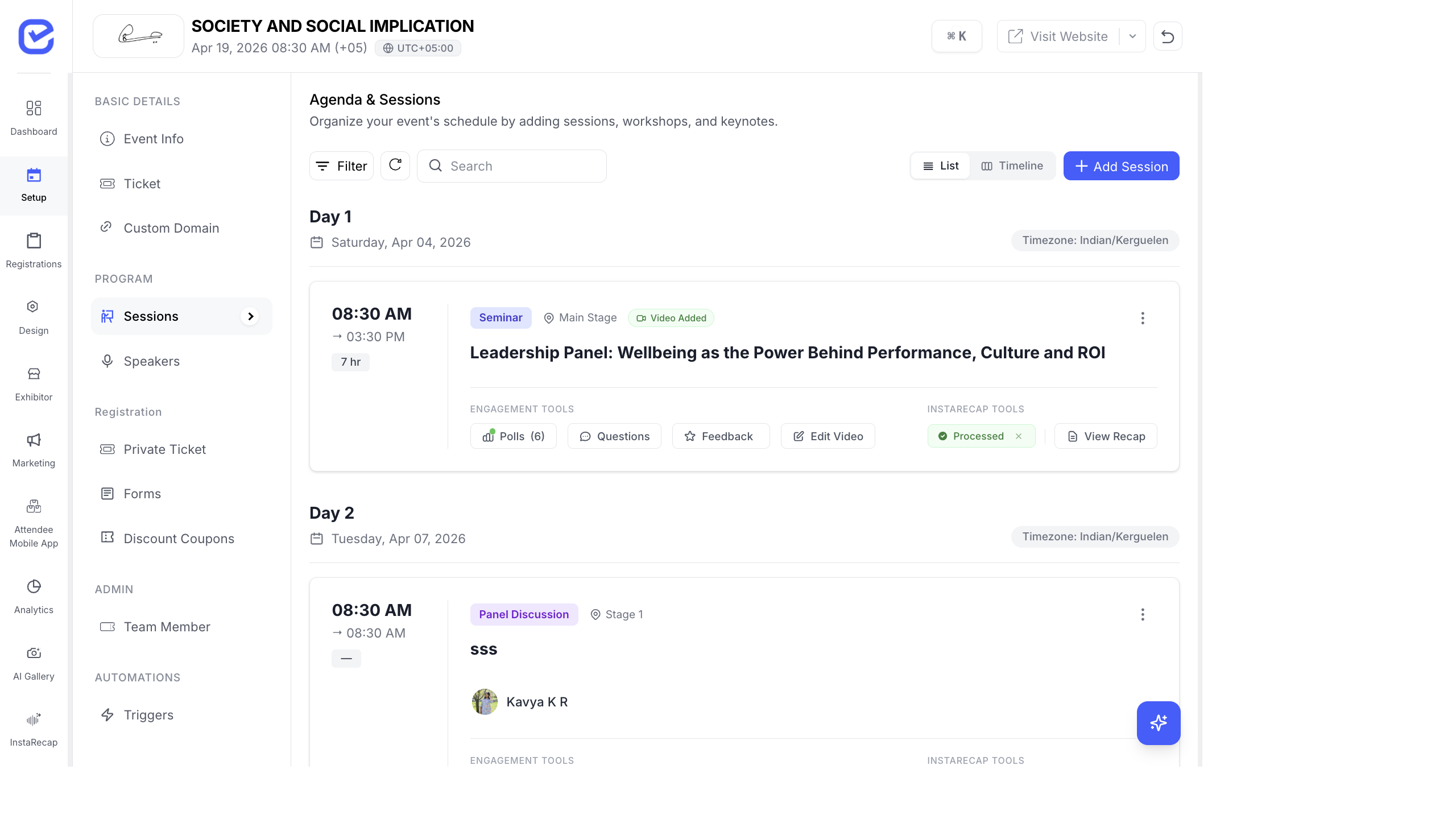Multi-track session management with day and stage grouping, session type tags, and InstaRecap tools