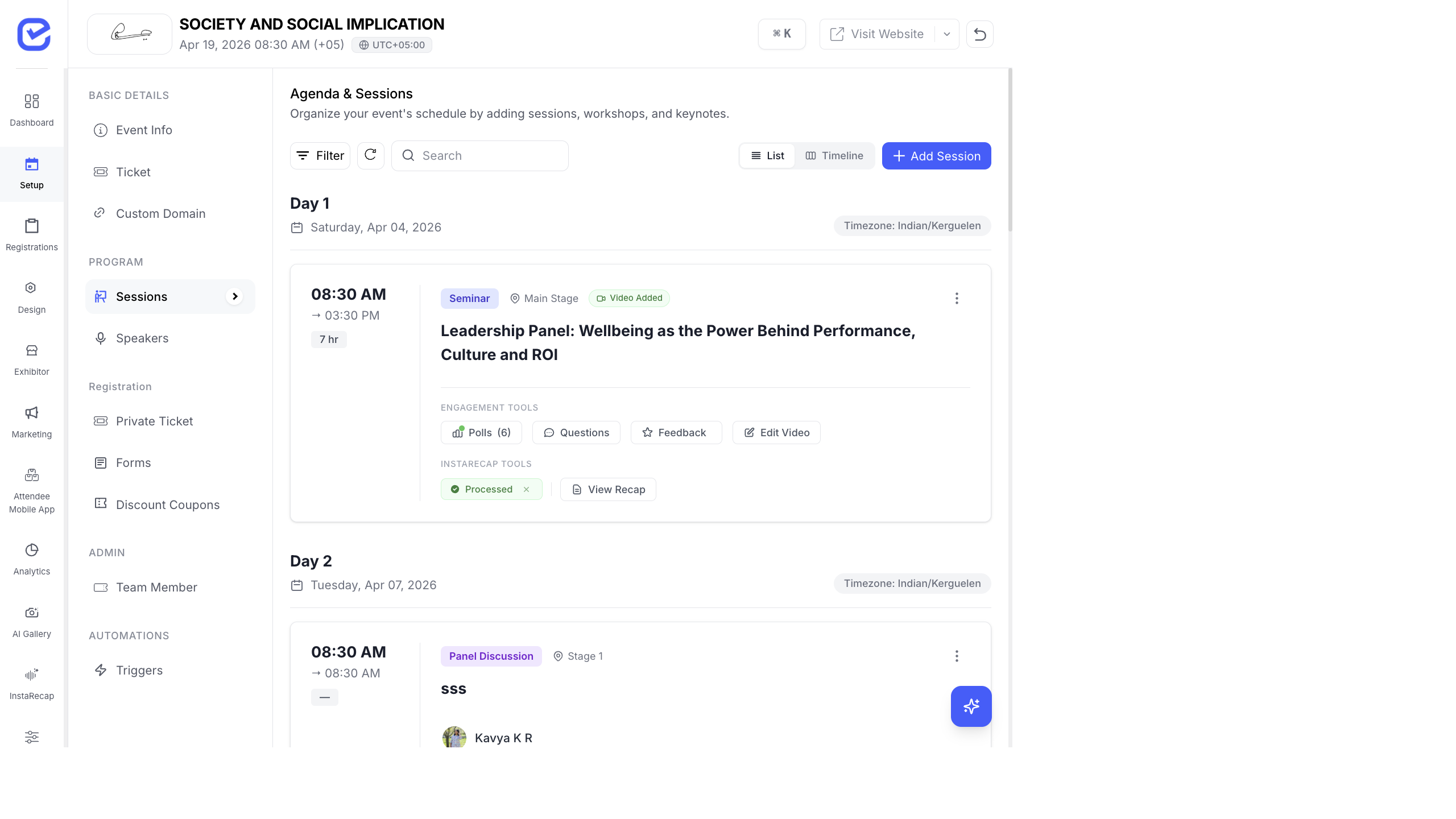 Sessions page showing agenda grouped by day with session cards including type badges, stage labels, and engagement tools