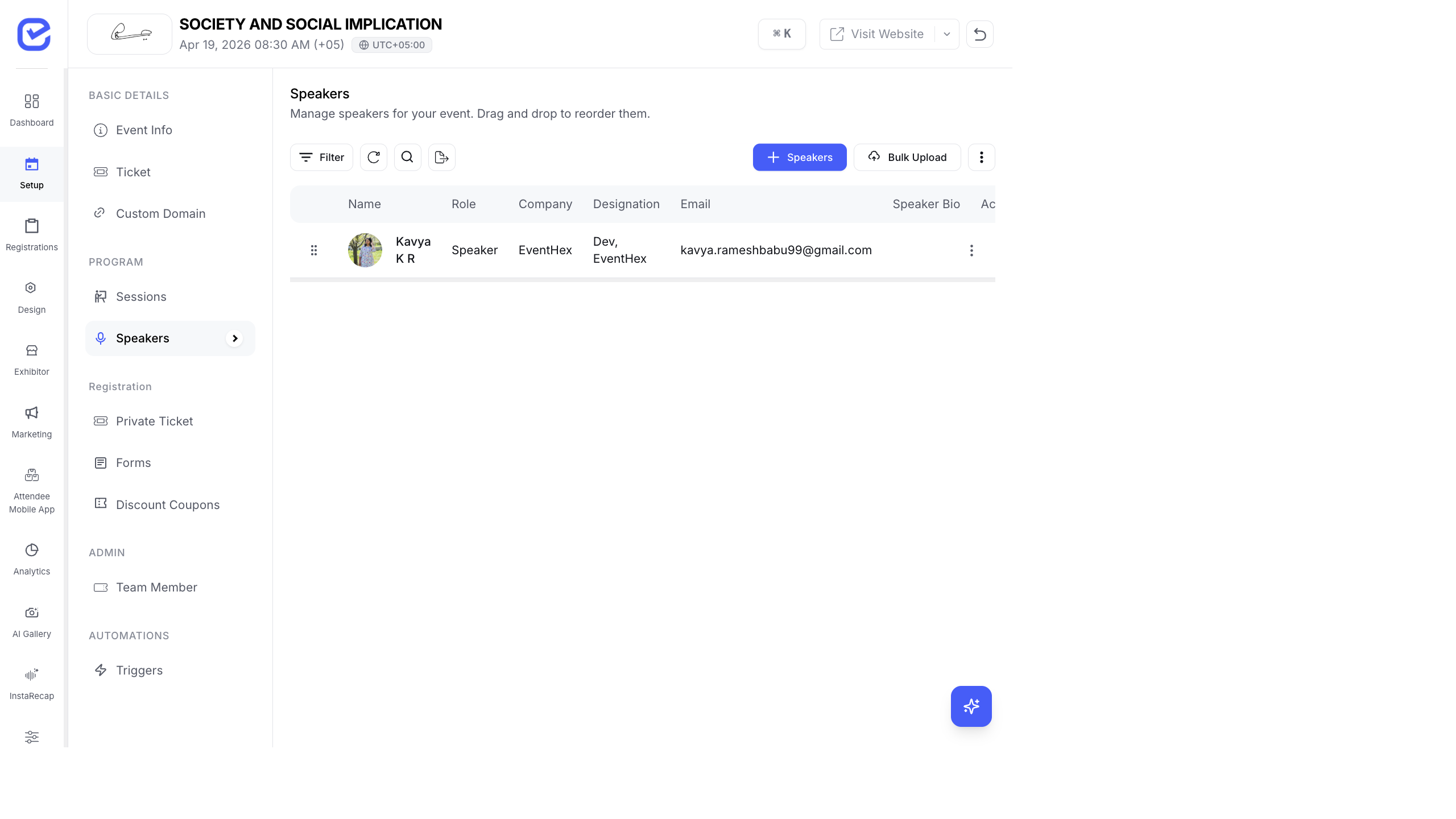 Speakers page showing a table with columns for Name, Role, Company, Designation, Email, Speaker Bio, and drag handles for reordering