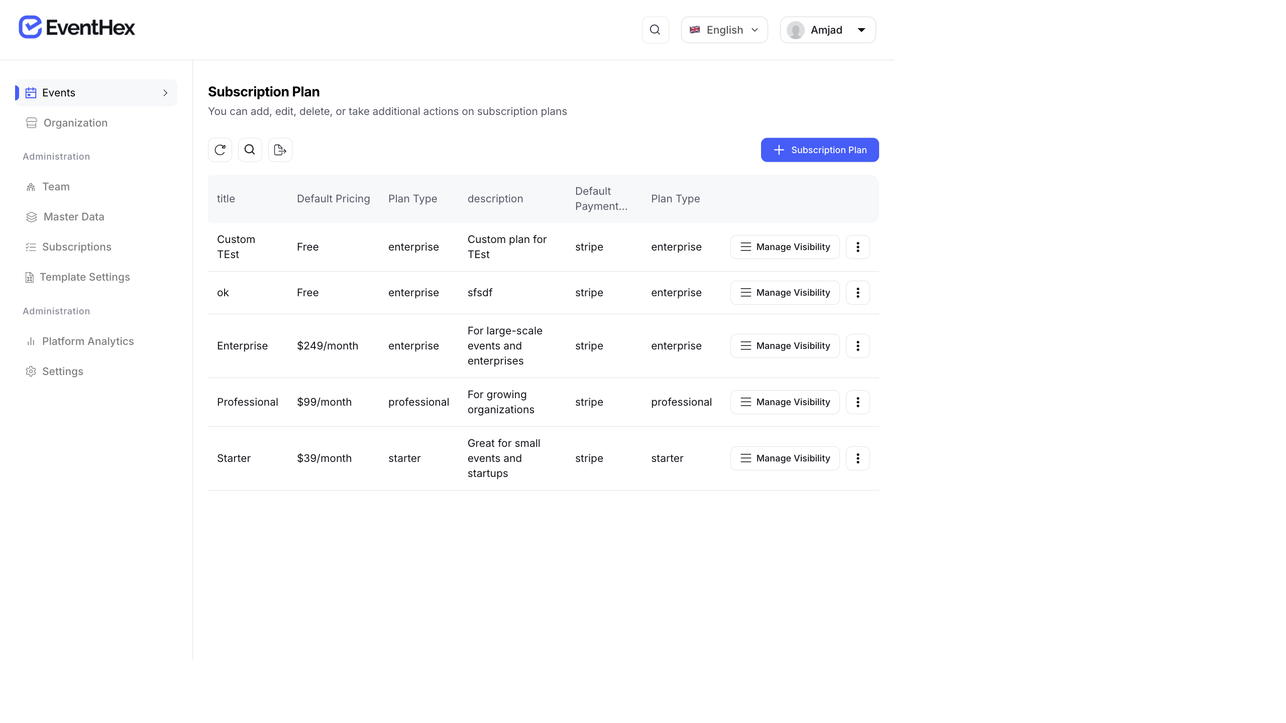 Subscription plans table showing Starter, Professional, and Enterprise tiers