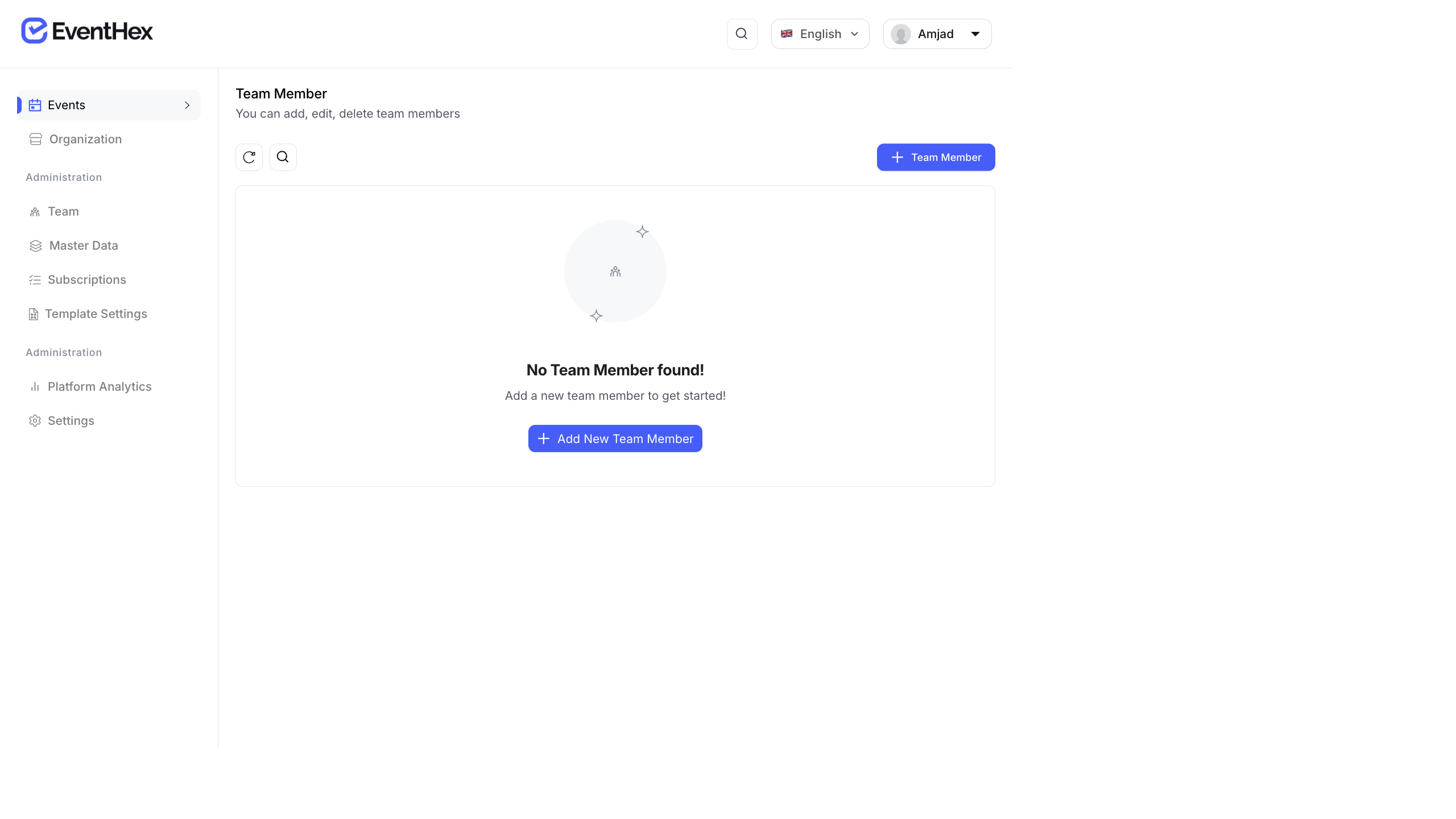 Team member page with Add Team Member button