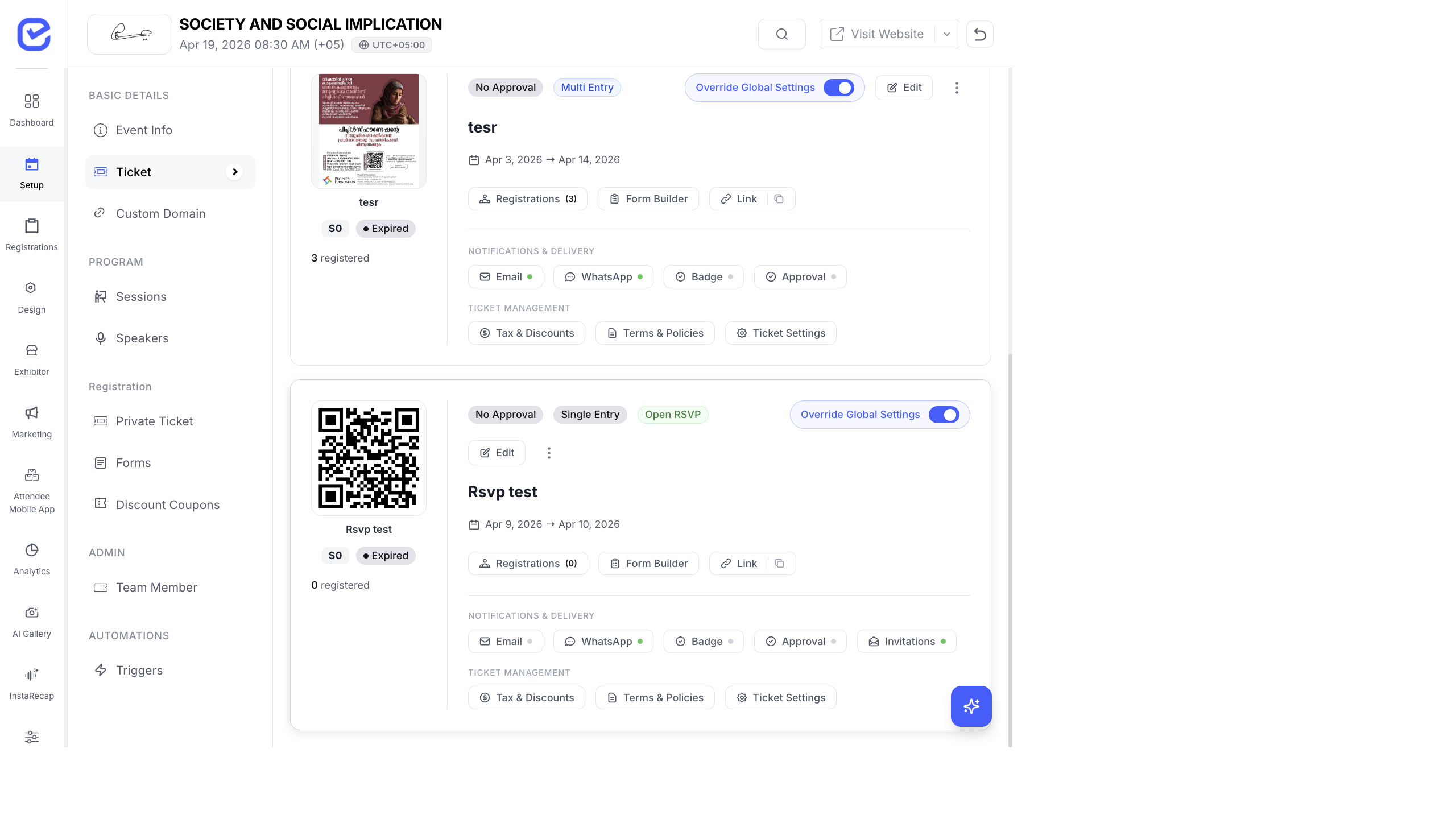Ticket card showing Override Global Settings toggle with Notifications and Delivery section including Email, WhatsApp, Badge, and Approval buttons