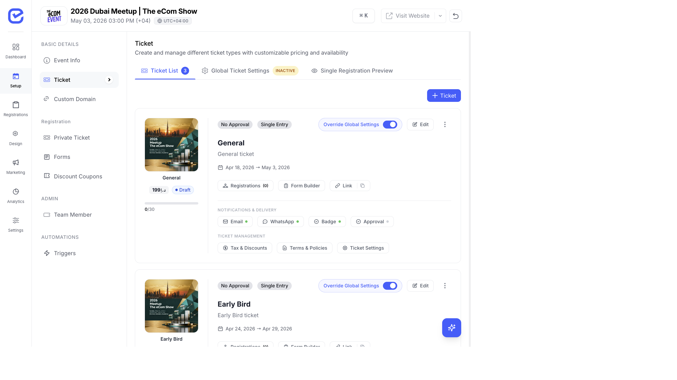 Ticket management page showing ticket list with General and Early Bird tickets