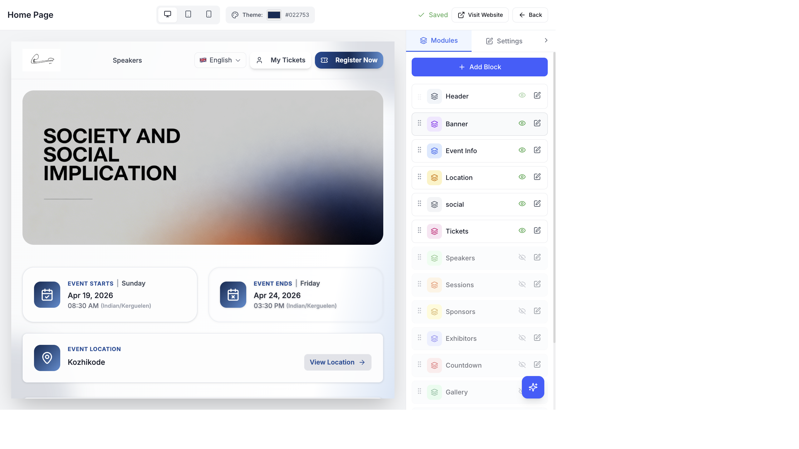 Website Builder showing a live preview of the event website on the left with Banner, Event Info, Location sections, and a Modules panel on the right listing all blocks — Header, Banner, Event Info, Location, Social, Tickets, Speakers, Sessions, Sponsors, Exhibitors, Countdown, Gallery — each with drag handles, visibility toggles, and edit buttons