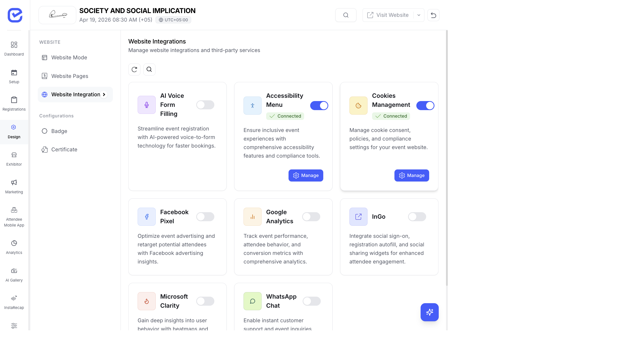 Website Integrations page showing integration cards in a grid — AI Voice Form Filling, Accessibility Menu (Connected), Cookies Management (Connected), Facebook Pixel, Google Analytics, InGo, Microsoft Clarity, WhatsApp Chat. Each card has a toggle, description, and Manage button.