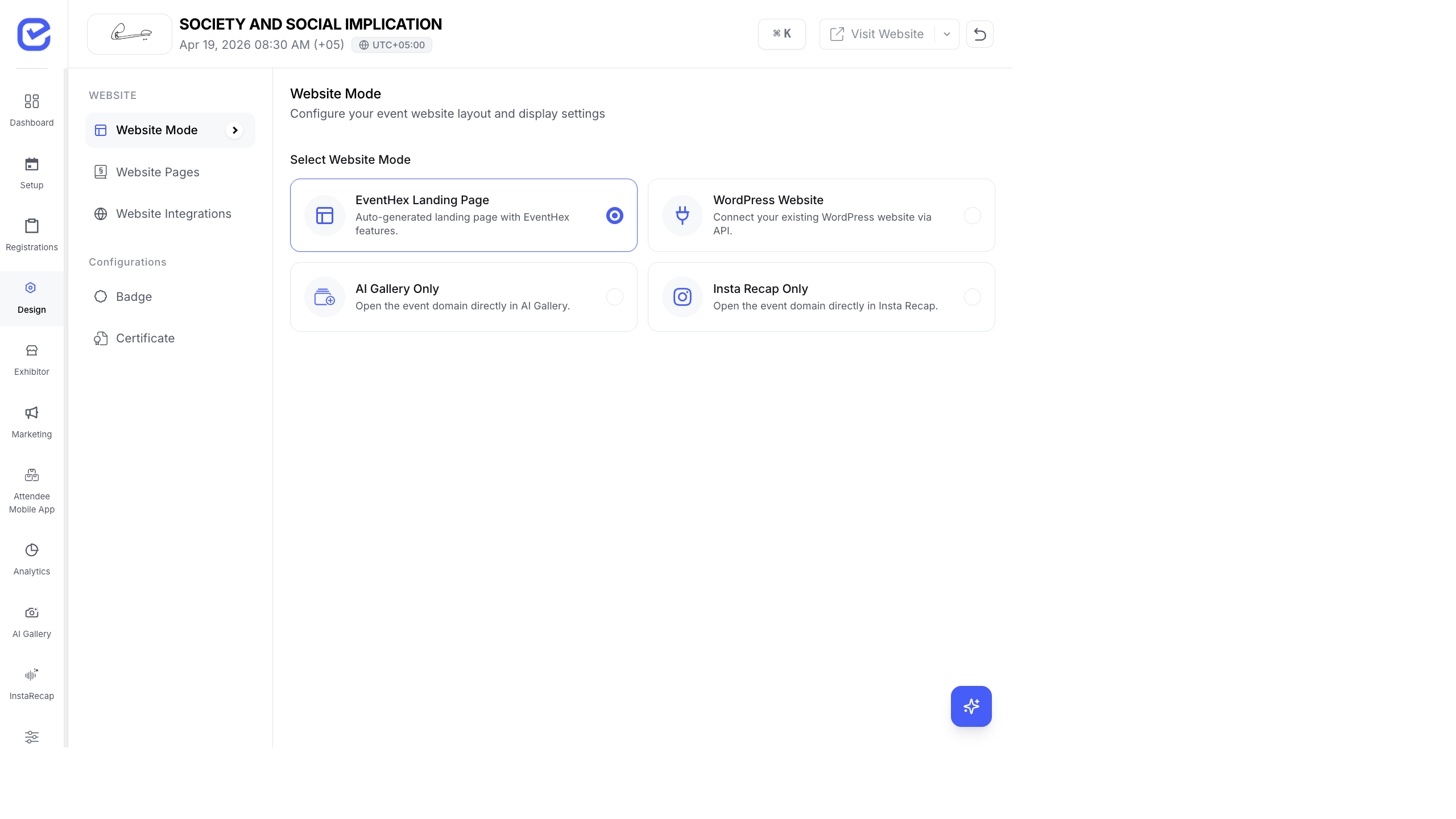 Website Mode page showing four radio buttons — EventHex Landing Page (selected, with blue radio), WordPress Website, AI Gallery Only, and Insta Recap Only. Each option has an icon and description.