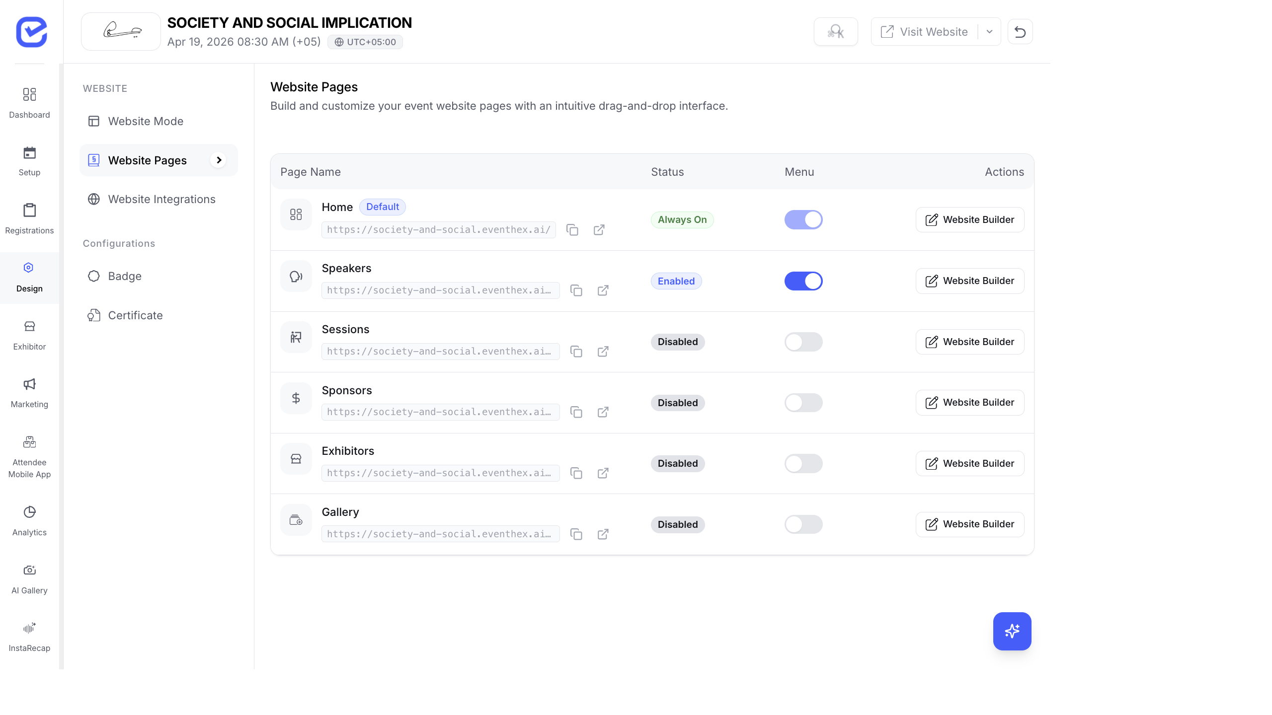 Website Pages management showing page toggles, menu visibility, and Website Builder access