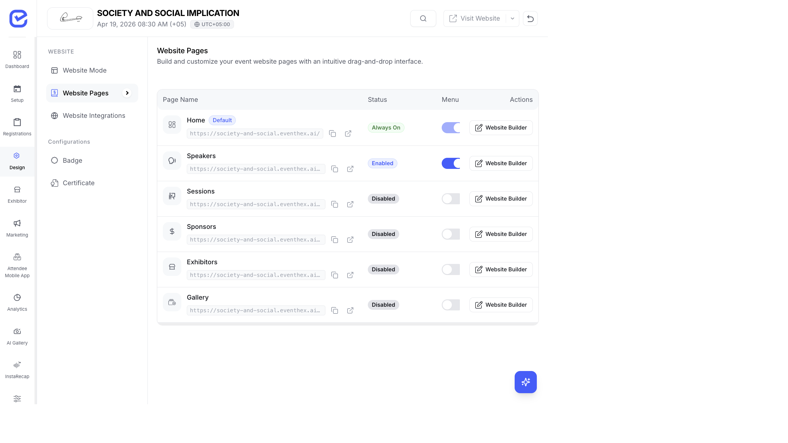 Website Pages table showing pages: Home (Default, Always On, Menu toggle on), Speakers (Enabled, Menu on), Sessions (Disabled), Sponsors (Disabled), Exhibitors (Disabled), Gallery (Disabled). Each row has a URL, Status badge, Menu toggle, and Website Builder button.