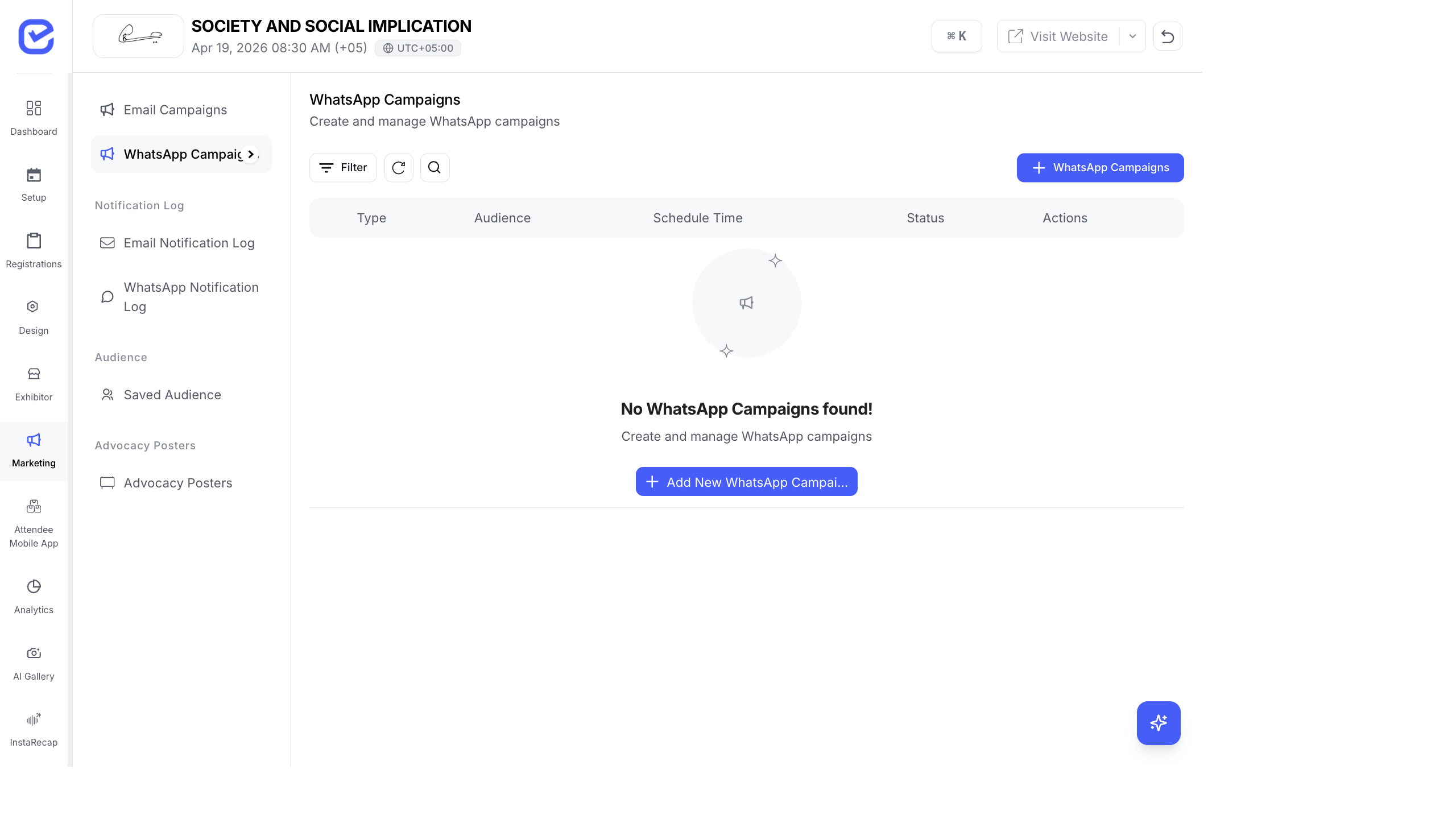WhatsApp Campaigns management page with campaign list, filter options, and create campaign button
